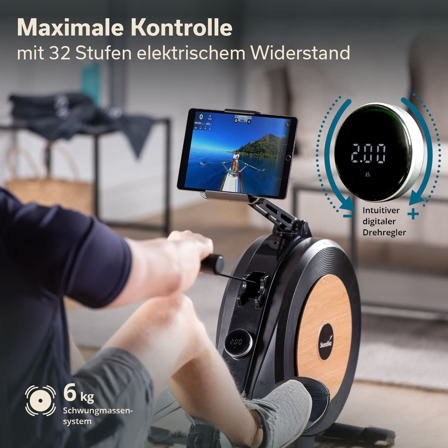 Skandika Rudergerät für zuhause Njord P6-G, 32 elektrische Widerstandsstufen, Magnetbremse (LED-Anzeige, Transportrollen, Tablet-Halter), Kinomap App, bis 200 cm und 135 kg, Selbstgenerierend, aufstellbar