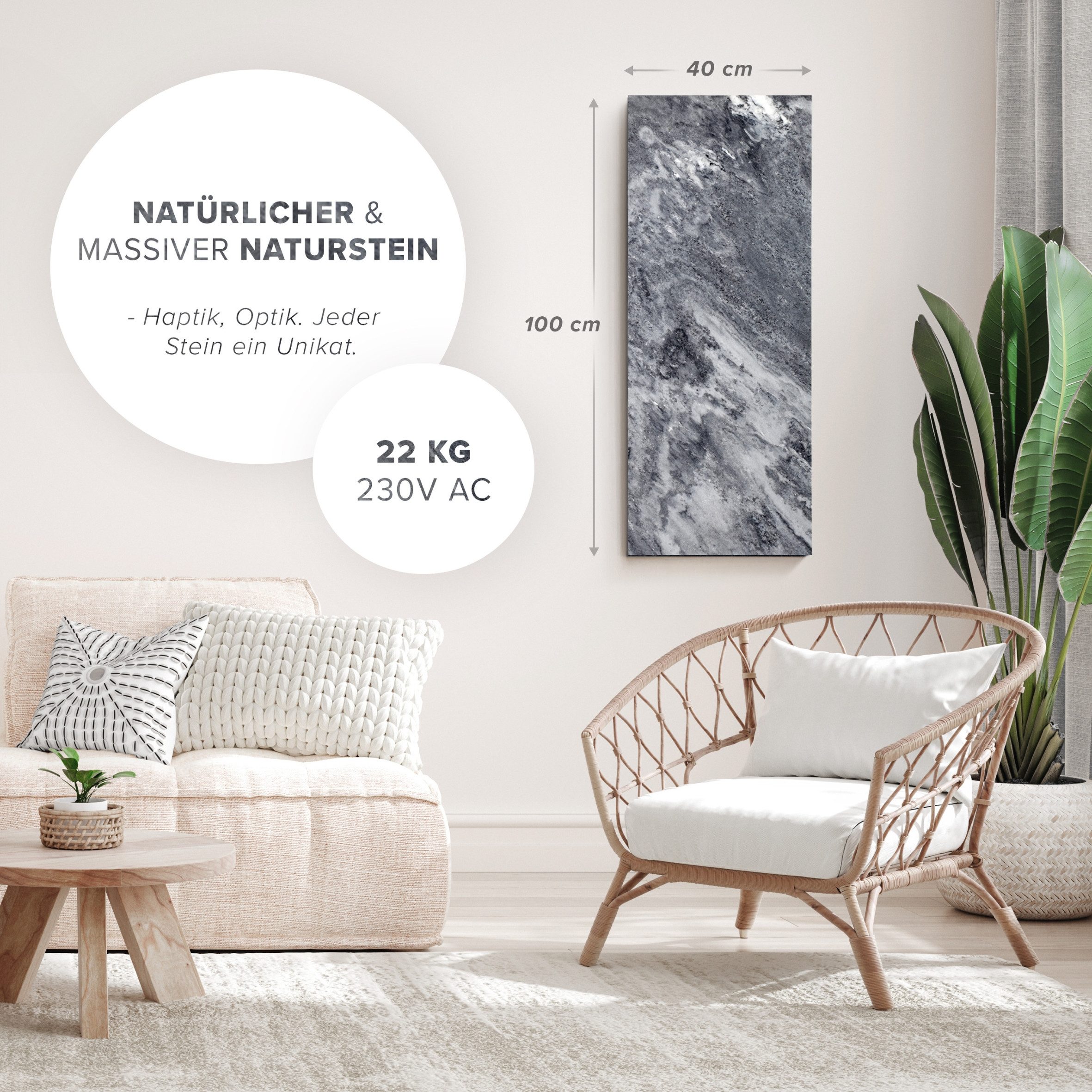 Marwona GmbH Infrarotheizung Naturstein-Infrarotheizung für Wandmontage mit Funk-Thermostat 800 W, 2 cm flach, IP34, Wärmespeicher, für Räume 10–25 m² – Shadow Grey