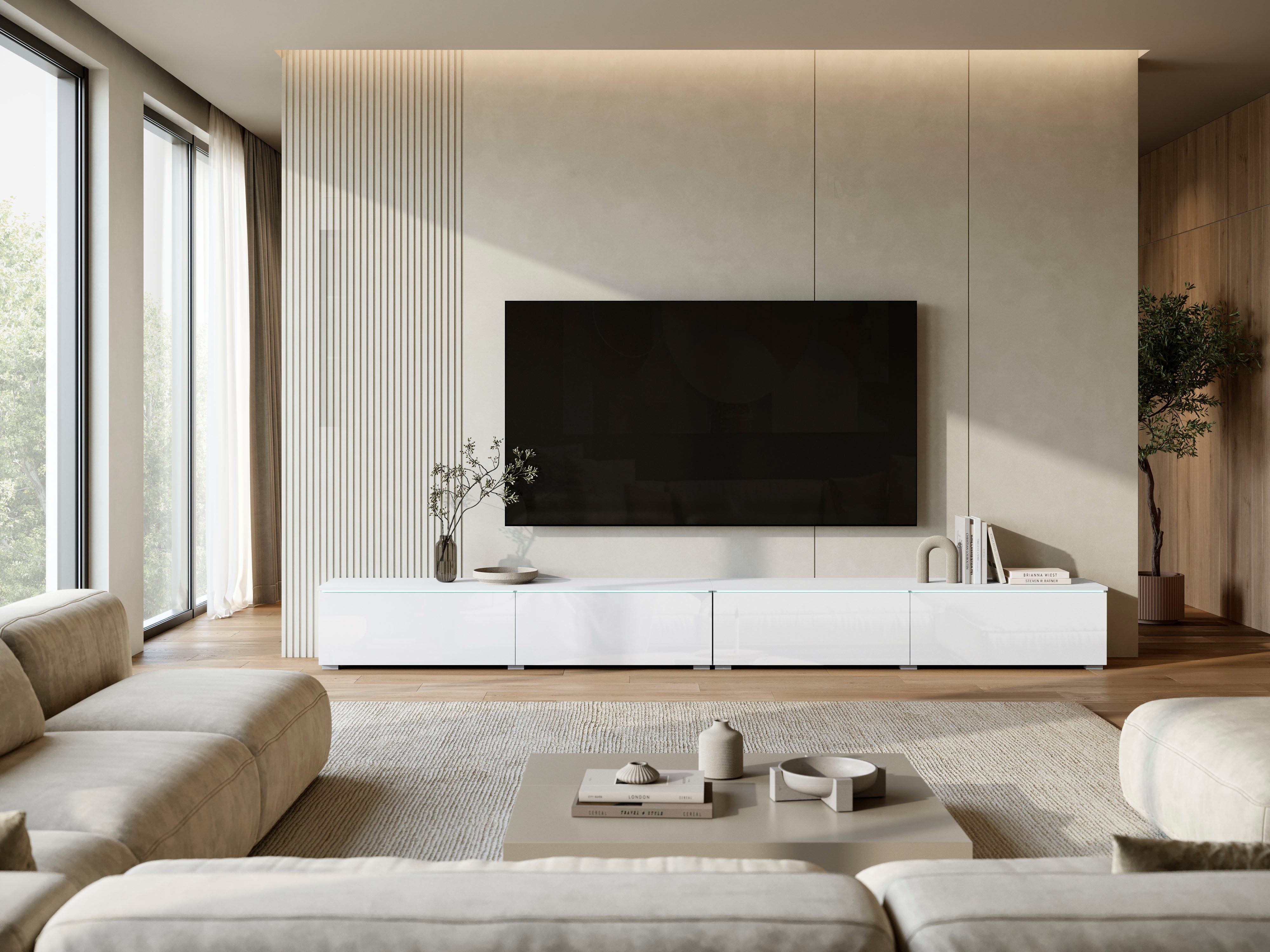 Home affaire Lowboard Vera, TV-Schrank, Breite 300 cm, verschiedene Farbausführungen (1 St), Mit LED, 4 Klappen, grifflose Fronten, hängend oder stehend