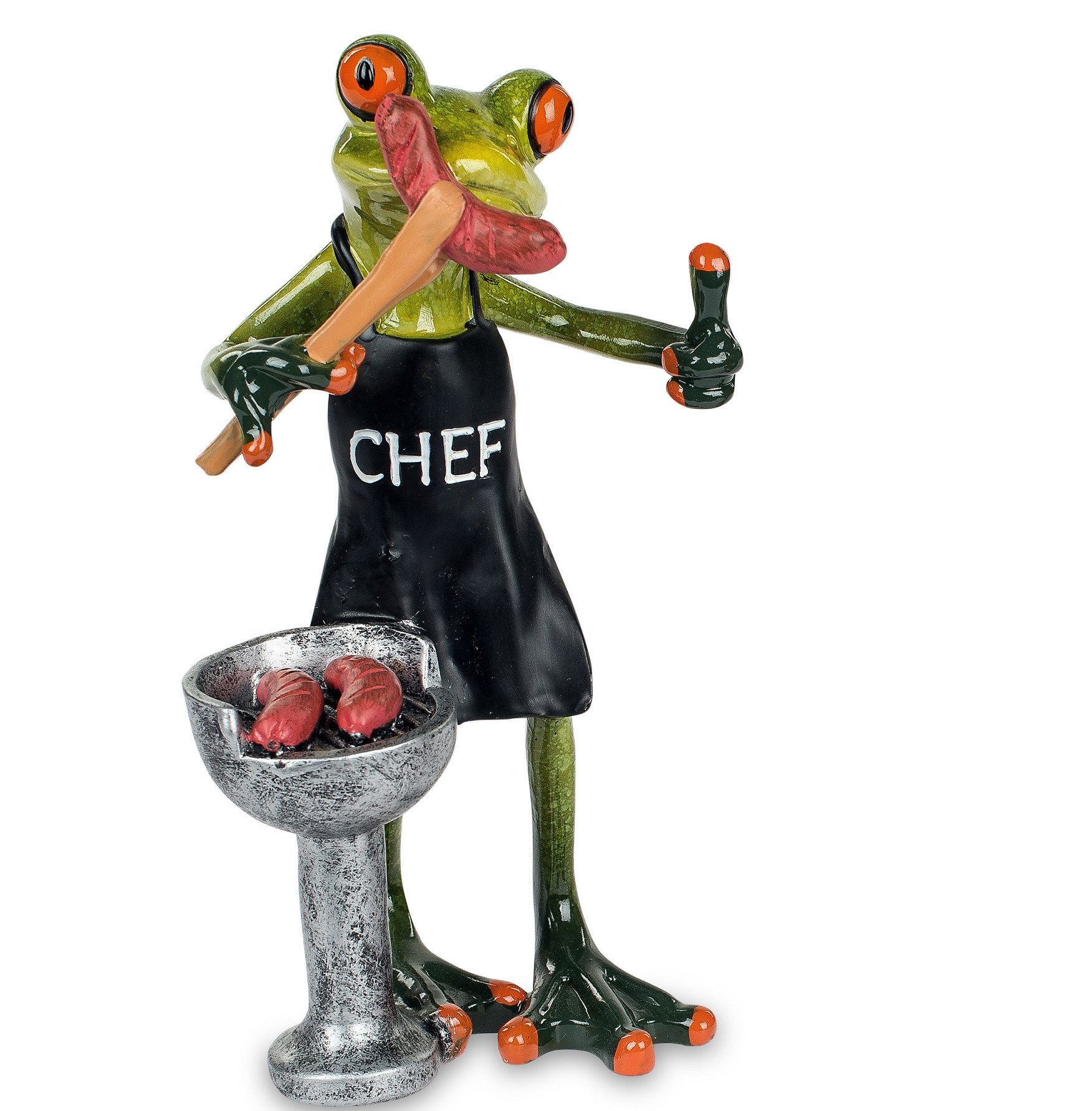 formano Dekofigur Frosch beim Grillen mit Bratwust oder mit Bier aus