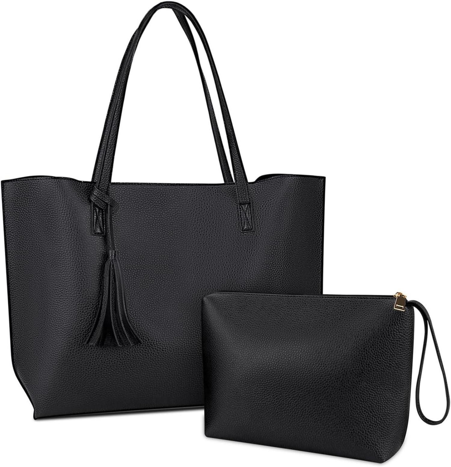 Shopper Schwarze Leder Handtasche Damen Shopper Henkeltasche Set
