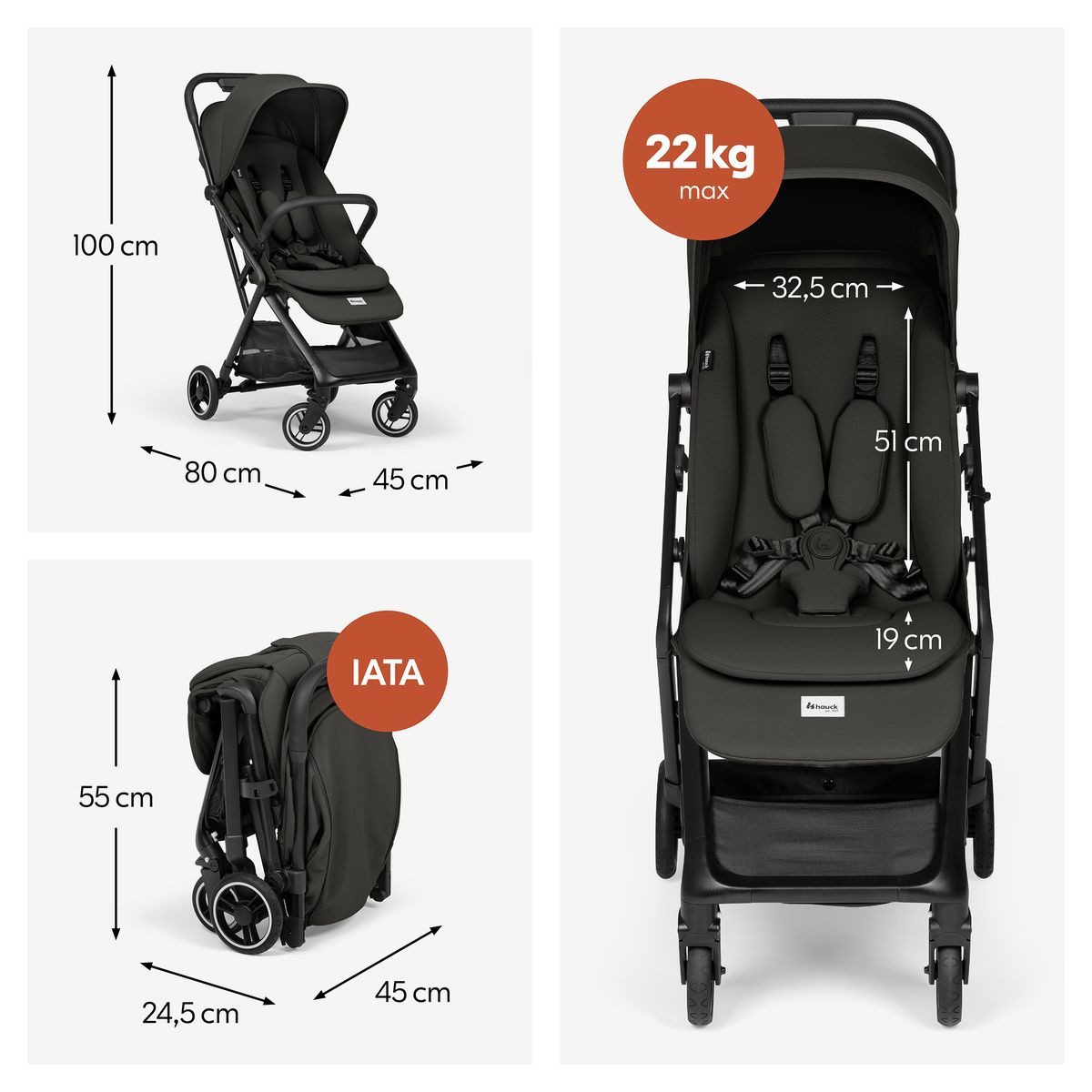 Hauck Kinder-Buggy Fly N Care - Black, Sportwagen Reisebuggy mit Liegefunktion & Einhand Faltung bis 22 kg