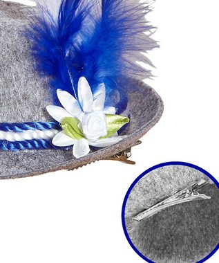 Karneval-Klamotten Trachten-Kostüm Bayernhut mini grau Damen mit Hosenträger Edelweiß, Oktoberfest Hut Tiroler Hut mit Hosenträger passend zu Oktoberfesten