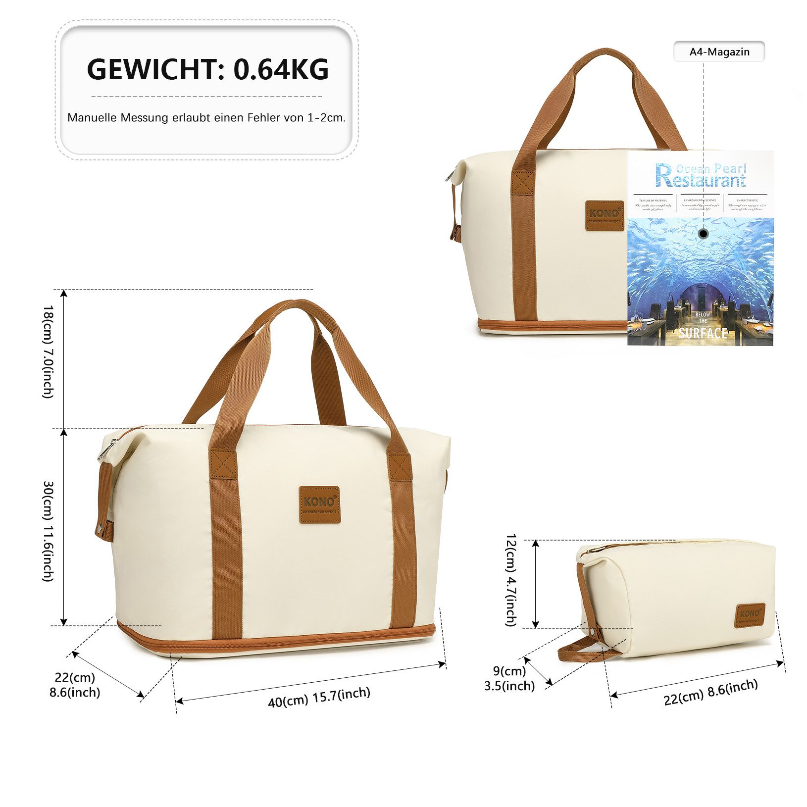 KONO Reisetasche 2-in-1 Set: Erweiterbare Handgepäck-Tasche (36L) + Kosmetiktasche, Praktisches und leichtes Design