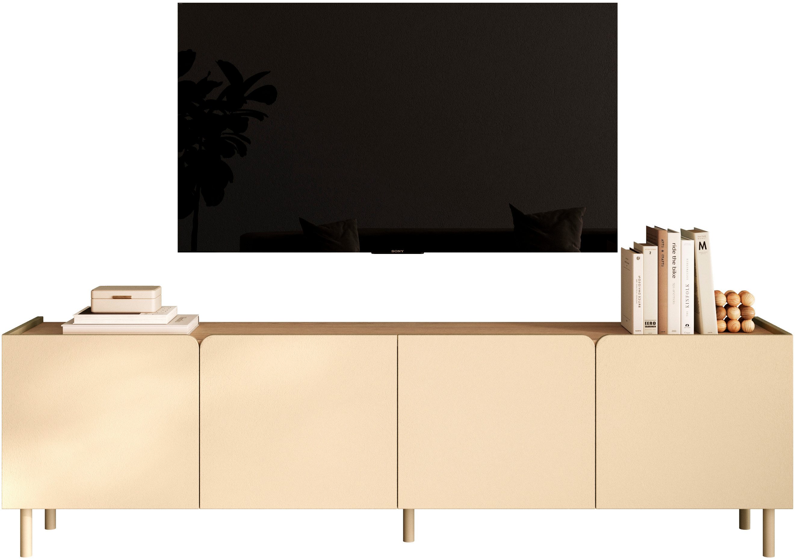 OTTO home Lowboard Dobbiaco, 202 cm breit, 4 Türen, Mediaboard, TV-Schrank, Innenliegendes Top, gerade Metallfüße, Tür mit Rundung