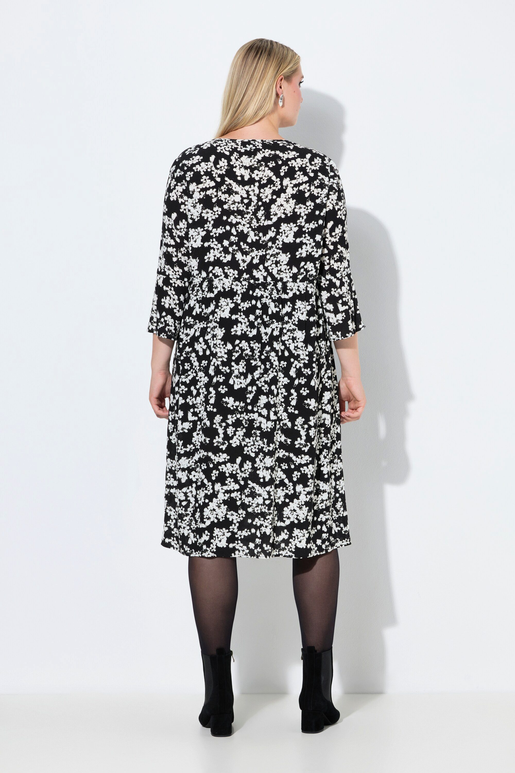 Ulla Popken Jerseykleid Midikleid Blüten A-Linie V-Ausschnitt 3/4-Arm – Bild 3 von 4