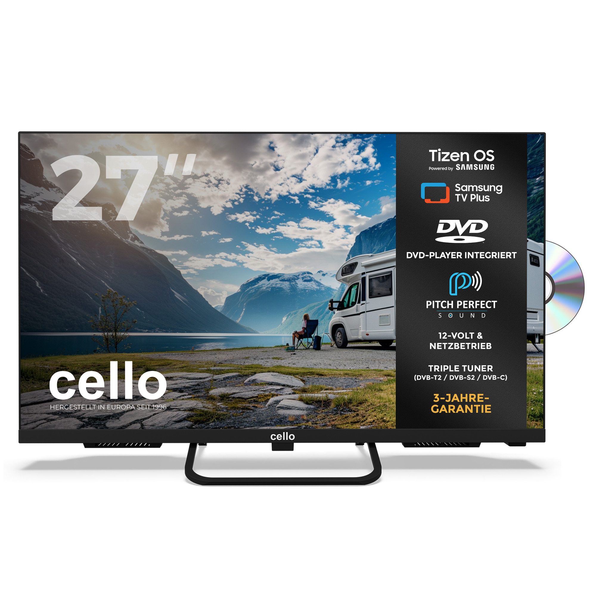 Cello 27 Zoll Camping 12V Smart Tizen OS Traveller mit DVD-Player LED-Fernseher (68,5 cm/27 Zoll, Full HD, Smart-TV, WLAN, LAN, Streaming-Apps, Pitch Perfect Sound, DVD-Player, Triple Tuner, Smart Tizen OS)
