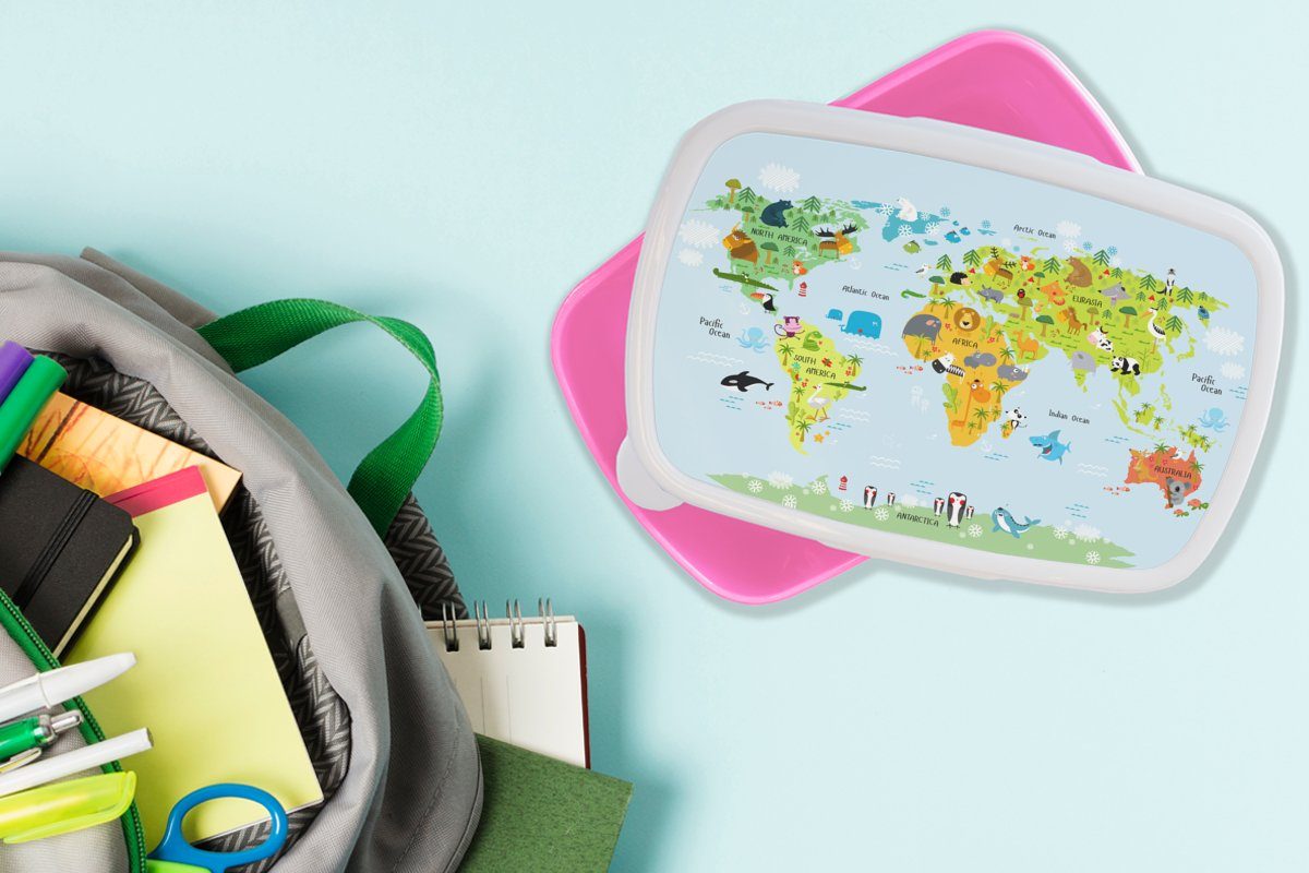 Weltkarte - rosa für Kunststoff - Brotbox Lunchbox (2-tlg), Kunststoff, - Mädchen, Tiere MuchoWow - Jungen - Erwachsene, Snackbox, Kinder Natur Kinder, Mädchen, Brotdose