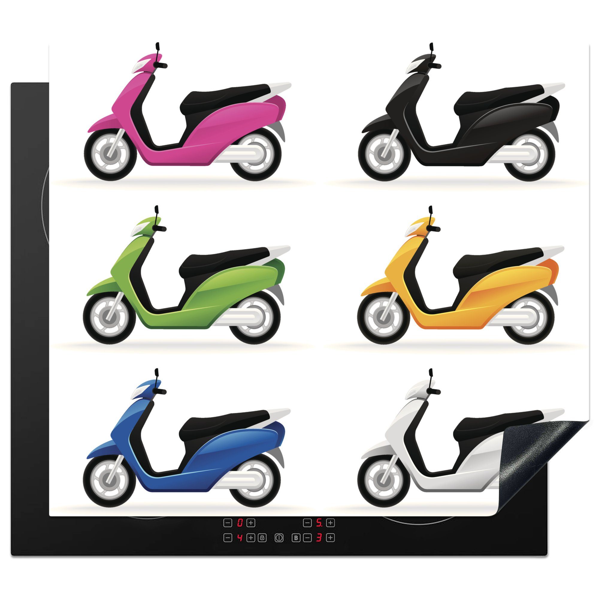 MuchoWow Herdblende-/Abdeckplatte Sechs Abbildungen von Motorrollern in verschiedenen Farben, Vinyl, (1 tlg), 60x52 cm, Mobile Arbeitsfläche nutzbar, Ceranfeldabdeckung