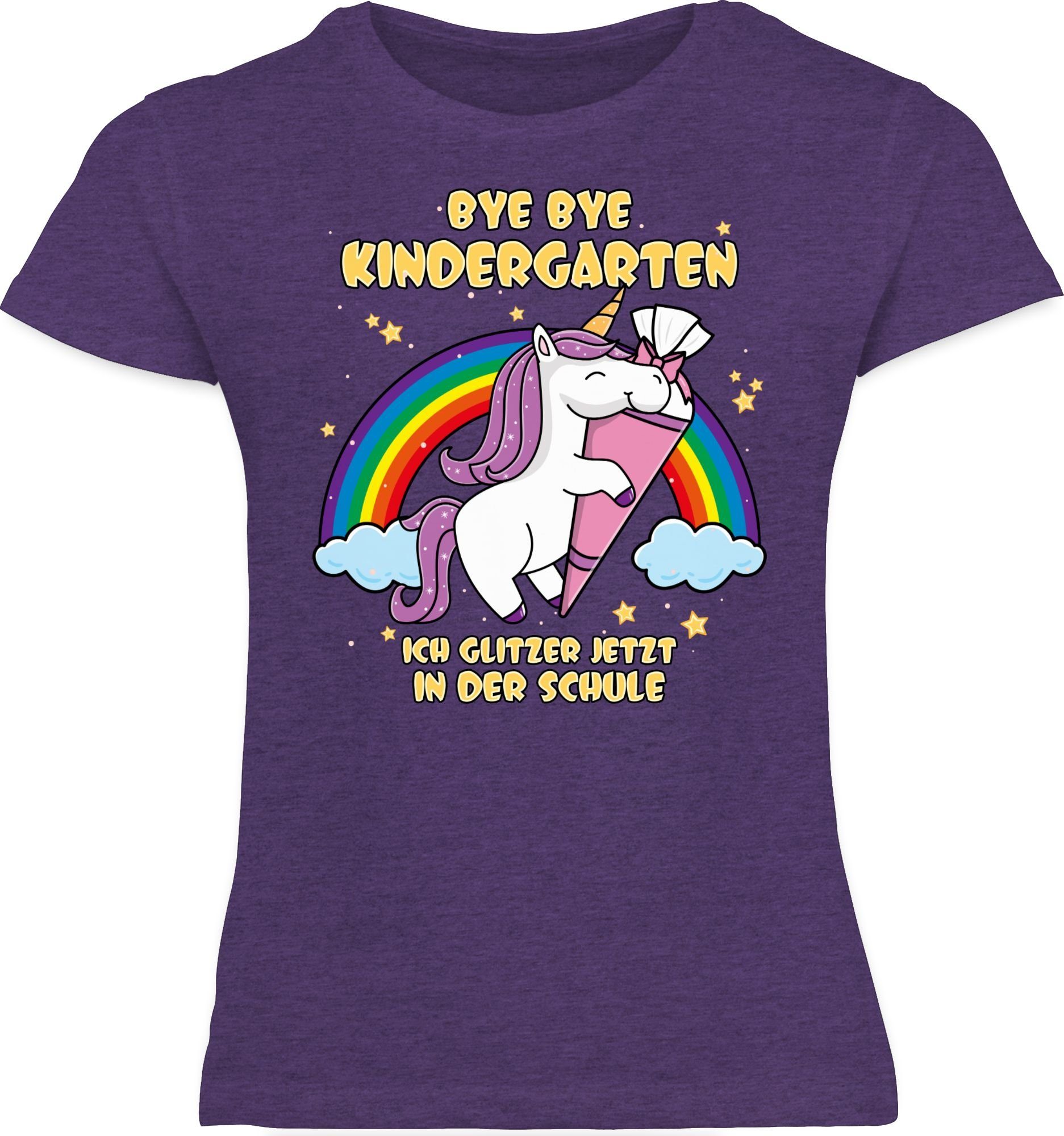 Shirtracer T-Shirt Bye Bye Kindergarten der jetzt glitzer Schule ich 3 Lila in Meliert Einschulung Mädchen Einhorn