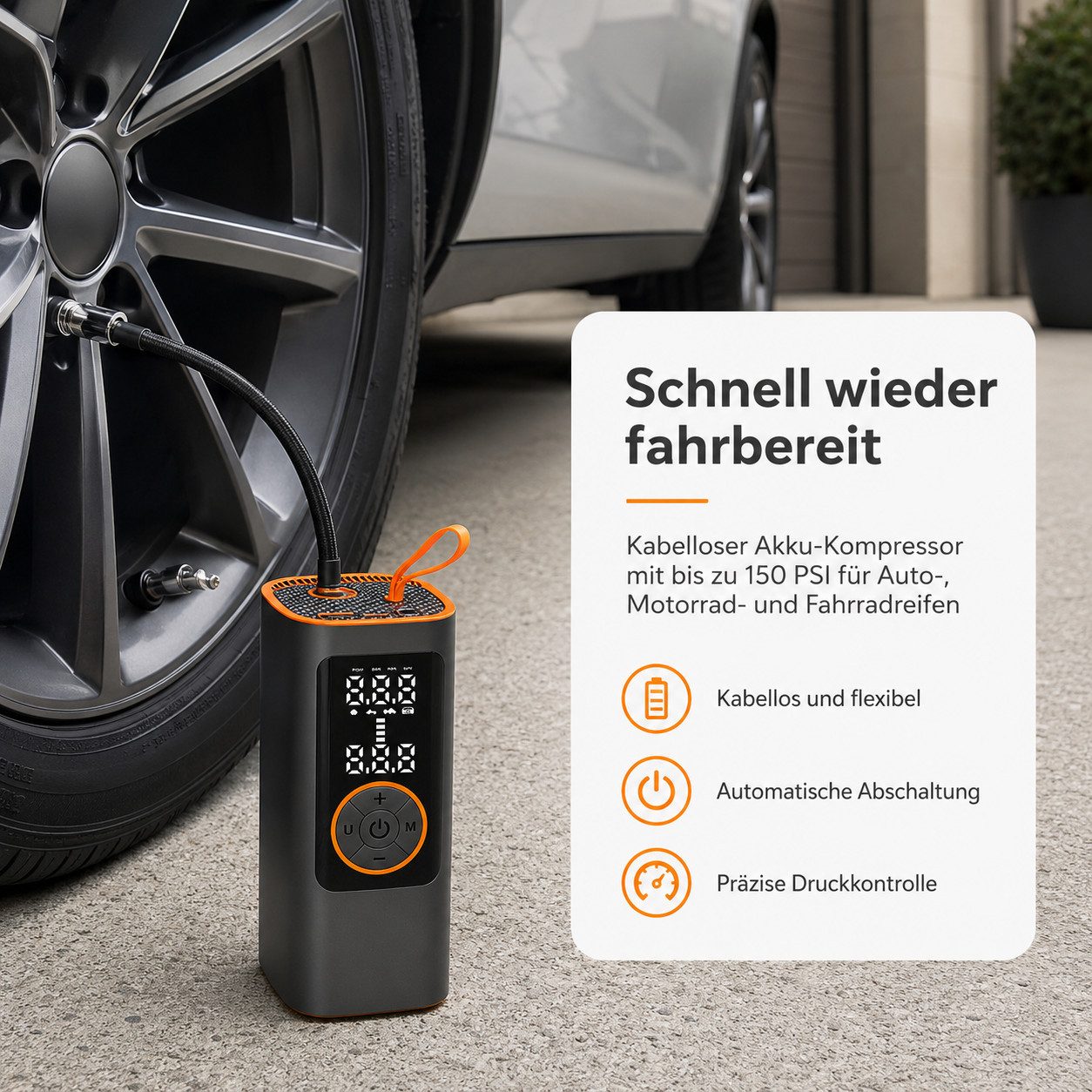 Tekoo Akku-Luftpumpe Kabelloser Kompressor 150 PSI für Auto & E-Bike, 6000mAh Powerbank, Kabellos, 150 PSI Druck, USB-C Powerbank, Metallanschluss