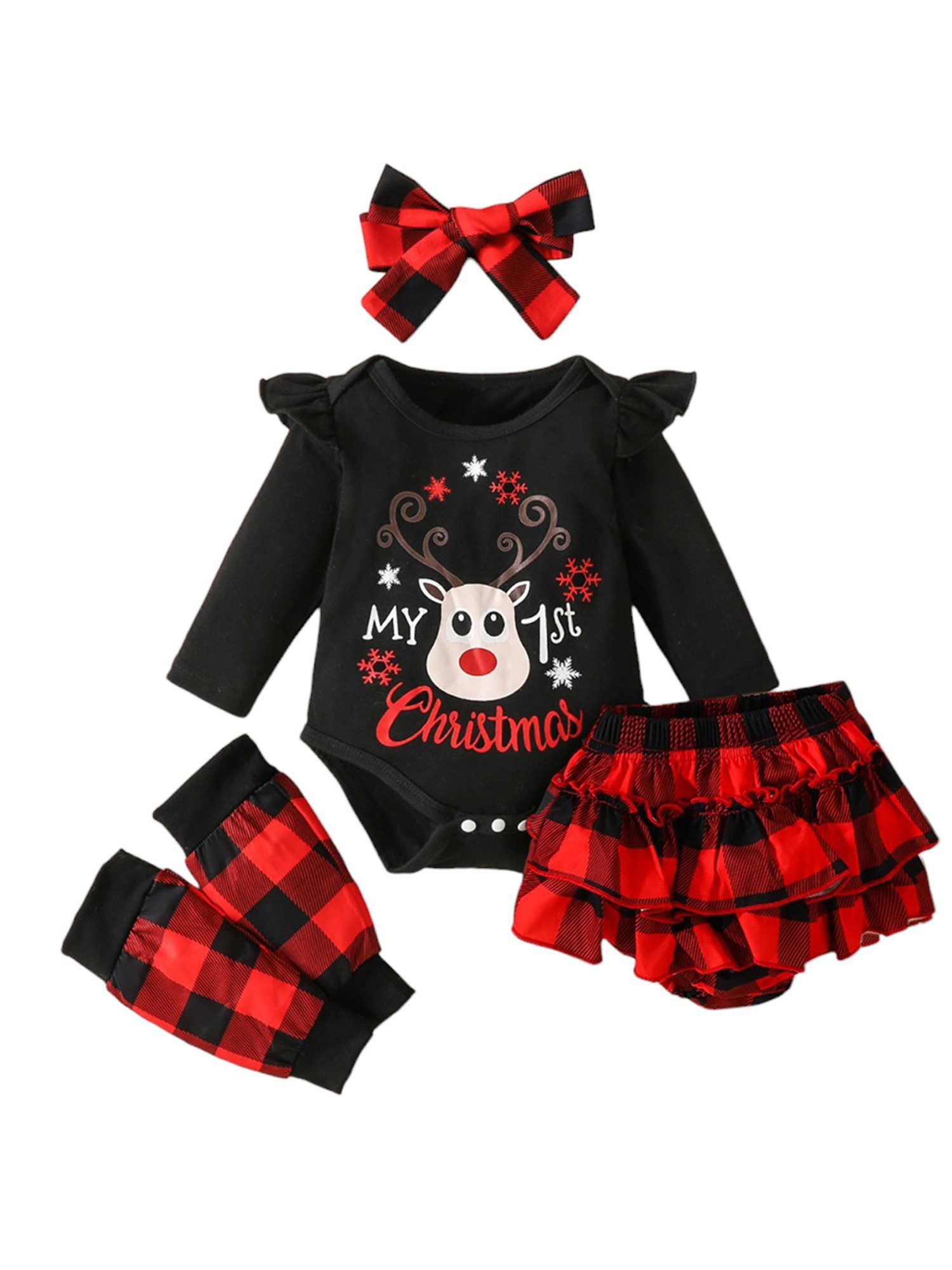 Lapastyle Langarmshirt & Leggings Neugeborenes Baby Mädchen Weihnachts Set mit Druck, Party Set (Set, 4-tlg) Geburtstagsparty, Stampler, Shorts, Hosenüberzüge und Stirnband