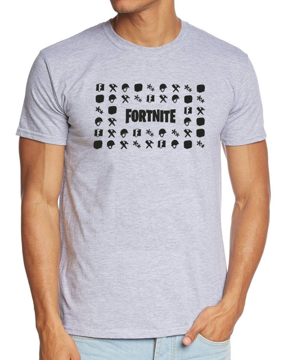Fortnite Print-Shirt Fortnite T-Shirt hellgrau meliert Erwachsene + Jugendliche Epic Icons Gr. XS S M - Größe 140 152 164 176 182