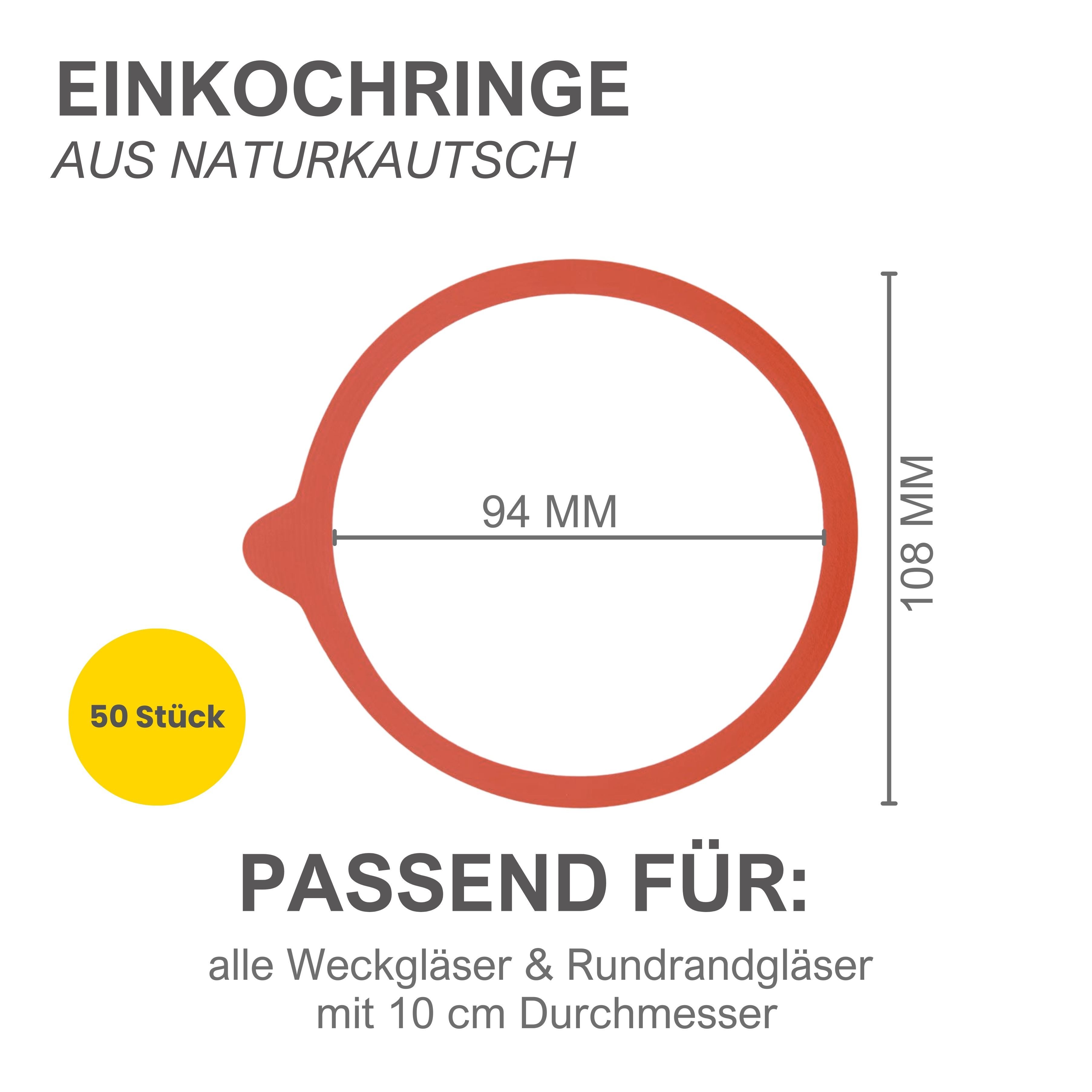 mikken Einkochring 50 Einkochringe 94x108mm für WECK-Gläser RR100 Naturkautschuk, Gummiringe für Weck-Gläser 10 cm