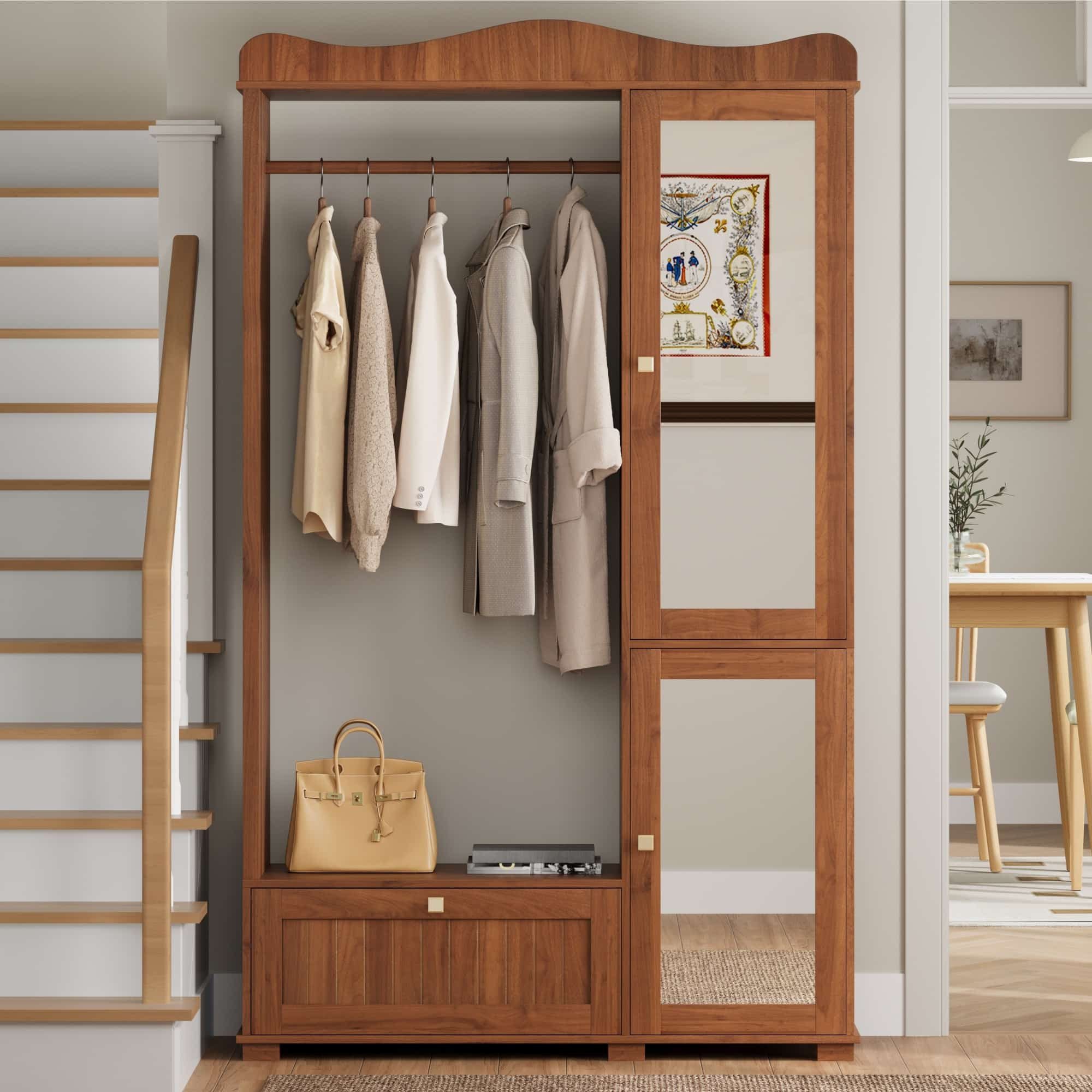 ANYSUN Garderobenschrank mit Spiegel, Garderobe Set, Kleiderstange, Schublade, Stauraum (Set) Holzoptik Braun, 3-in-1 Design mit Spiegel, Flurmöbel Garderobe