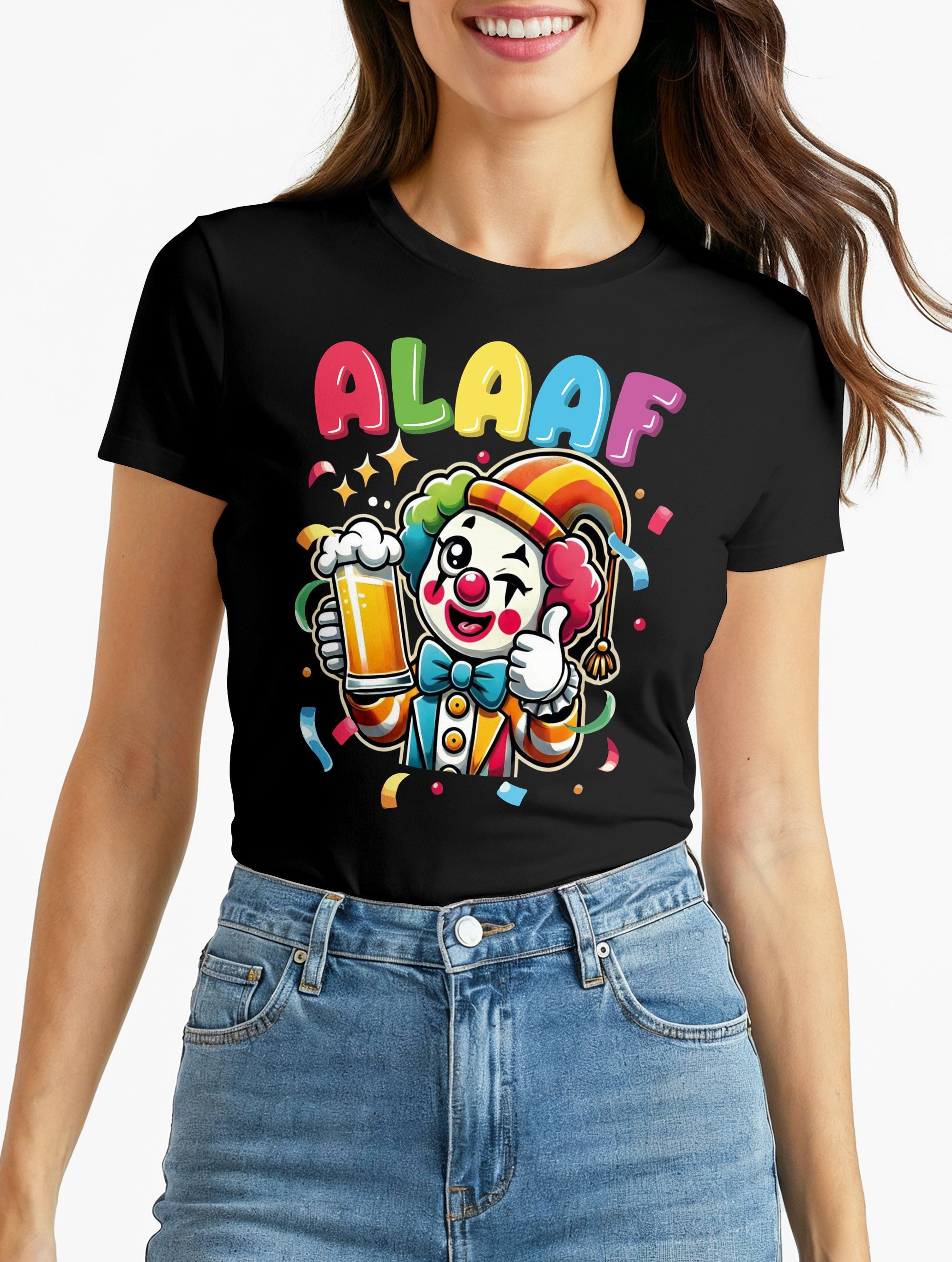 Print-Shirt Damen T-Shirt Fasching Karneval Clown Kostüm-Ersatz Verkleidung Last