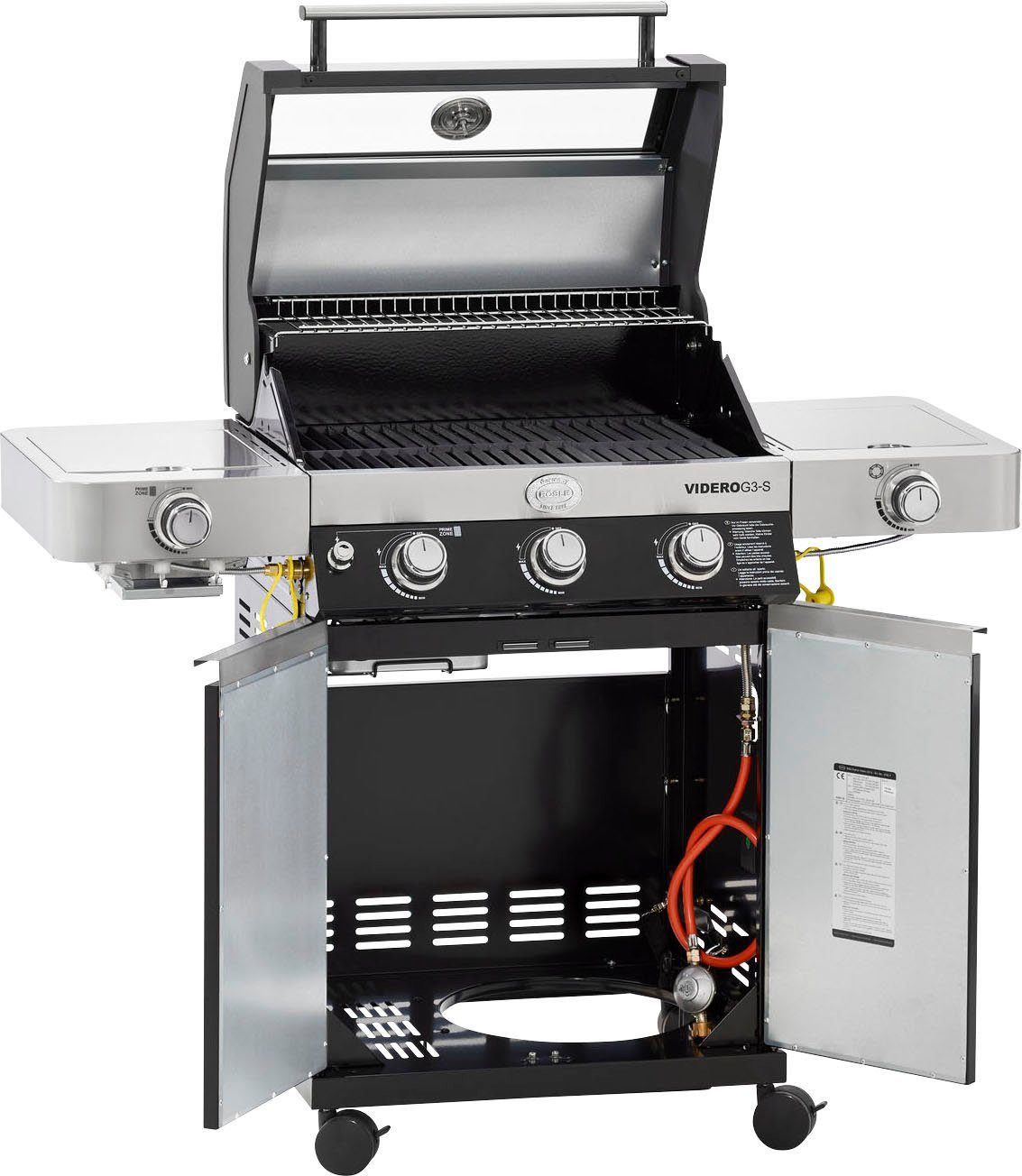 RÖSLE Gasgrill BBQ-Station VIDERO, 25520, G3-S Schwarz, 3 Brenner, extra Primezone und Seitenbrenner, VARIO+
