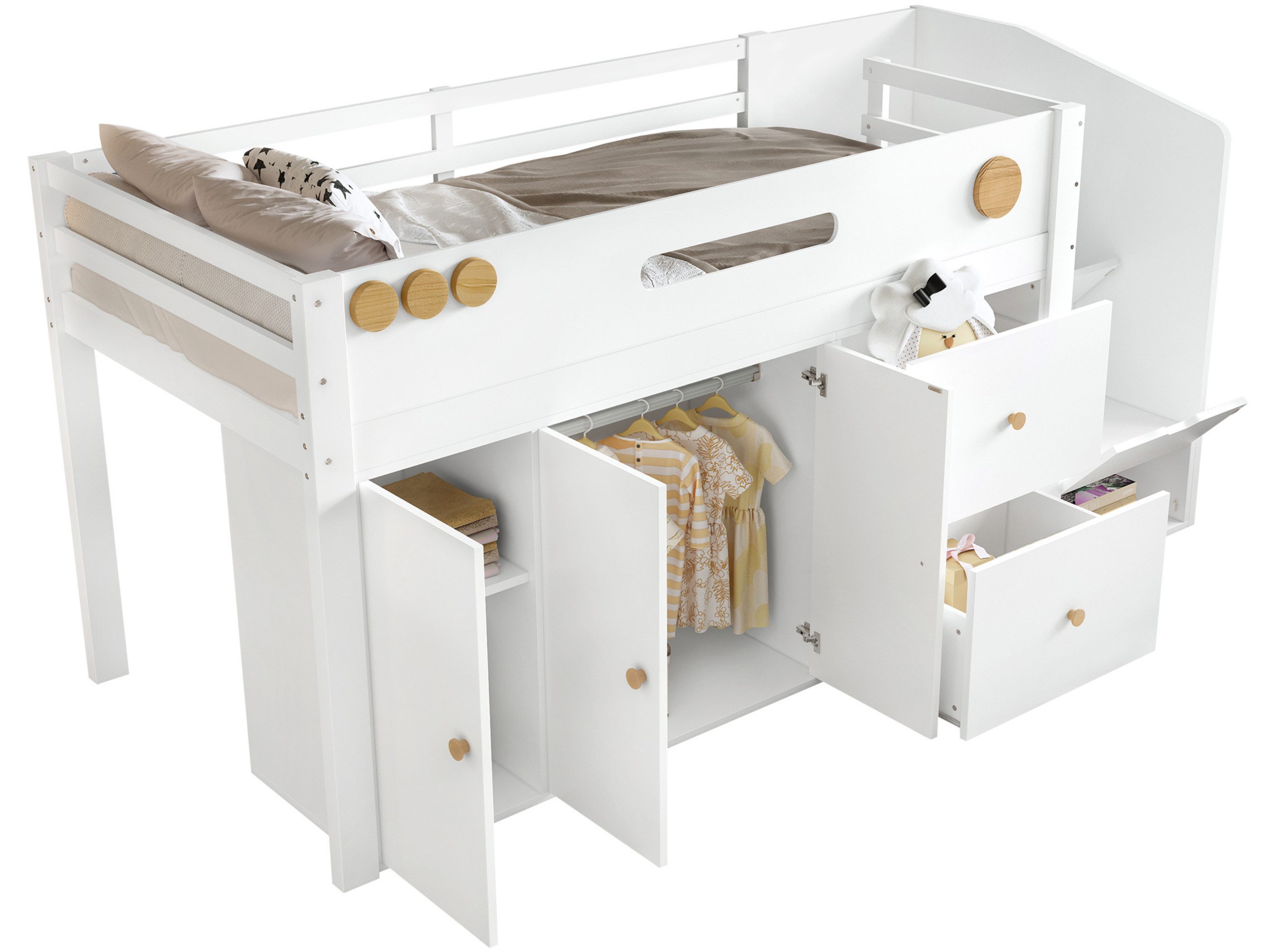 SeedWave Holzbett Kinderbett mit Integriertem Kleiderschrank, Stauraumtreppe, 90×200cm, Einzelbett inkl. 1 Liegefläche mit Schutzgeländern, 2 Schubladen