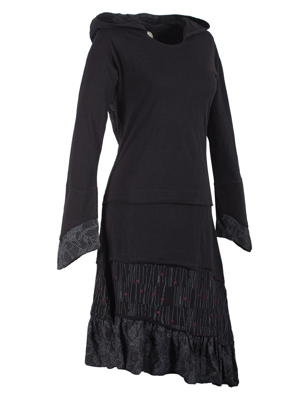 Vishes Jerseykleid Lagenlook Patchworkkleid mit Zipfelkapuze, Rüschen Hippie, Boho, Goa Elfen Style – Bild 4 von 4