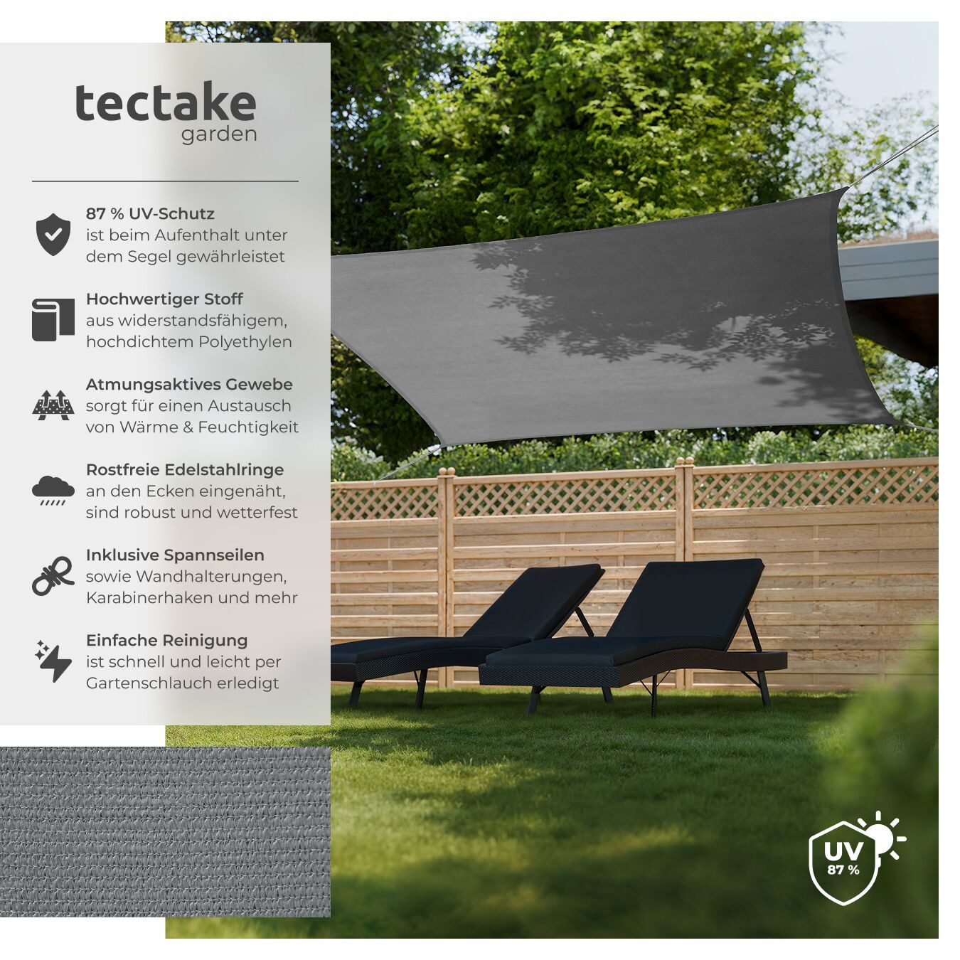 tectake Sonnensegel Sonnendach, wasserabweisend, atmungsaktiv und reißfest, (Sonnenschutz Sunny, in grau), HDPE mit 185 g/m² und 87 % UV-Schutz, rostfreie Befestigungsringe