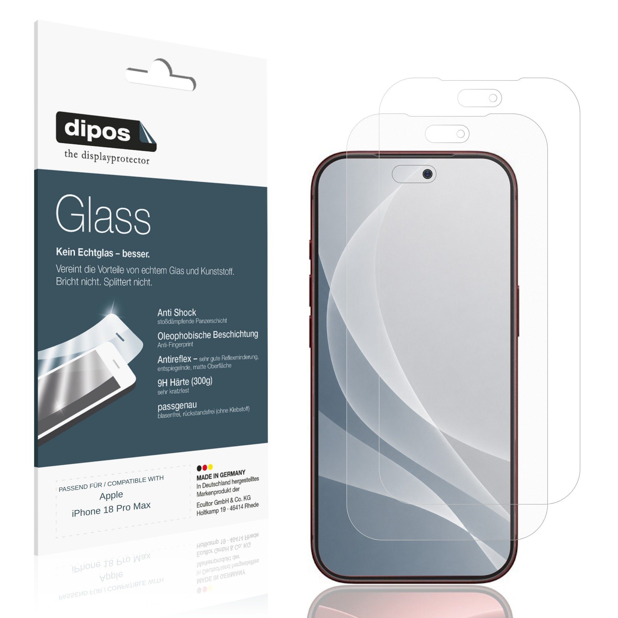dipos Displayschutzfolie Schutzfolie für Apple iPhone 18 Pro Max, 2 Stück, Displayschutz Schutz Folie Made in Germany