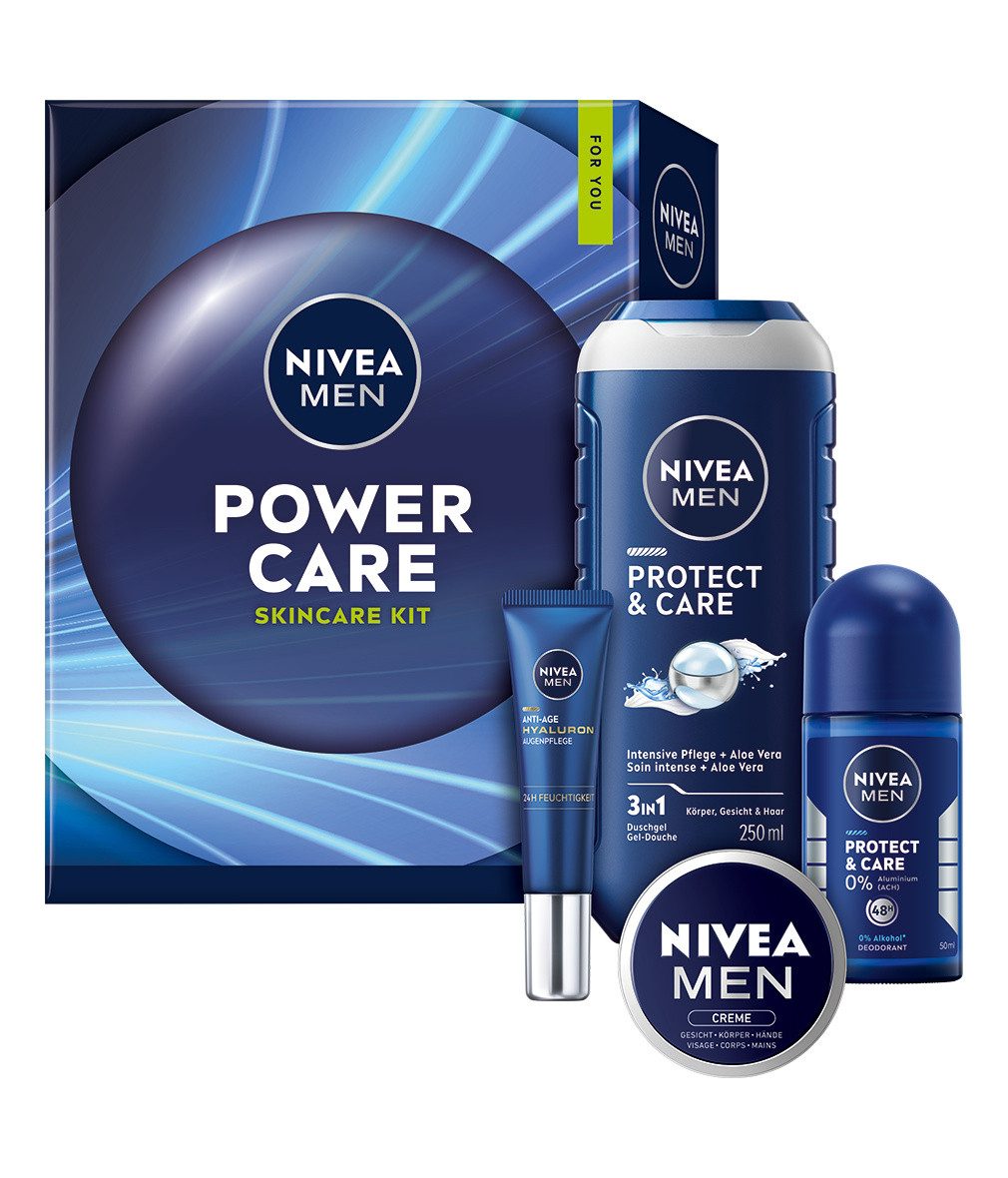 Nivea Men Pflege-Geschenkset Power Care Geschenkset 4-teilig Duschgel Deo Creme Augenpflege, 4-tlg., Routine Pflegeset für Ihn, Geschenkidee für Männer