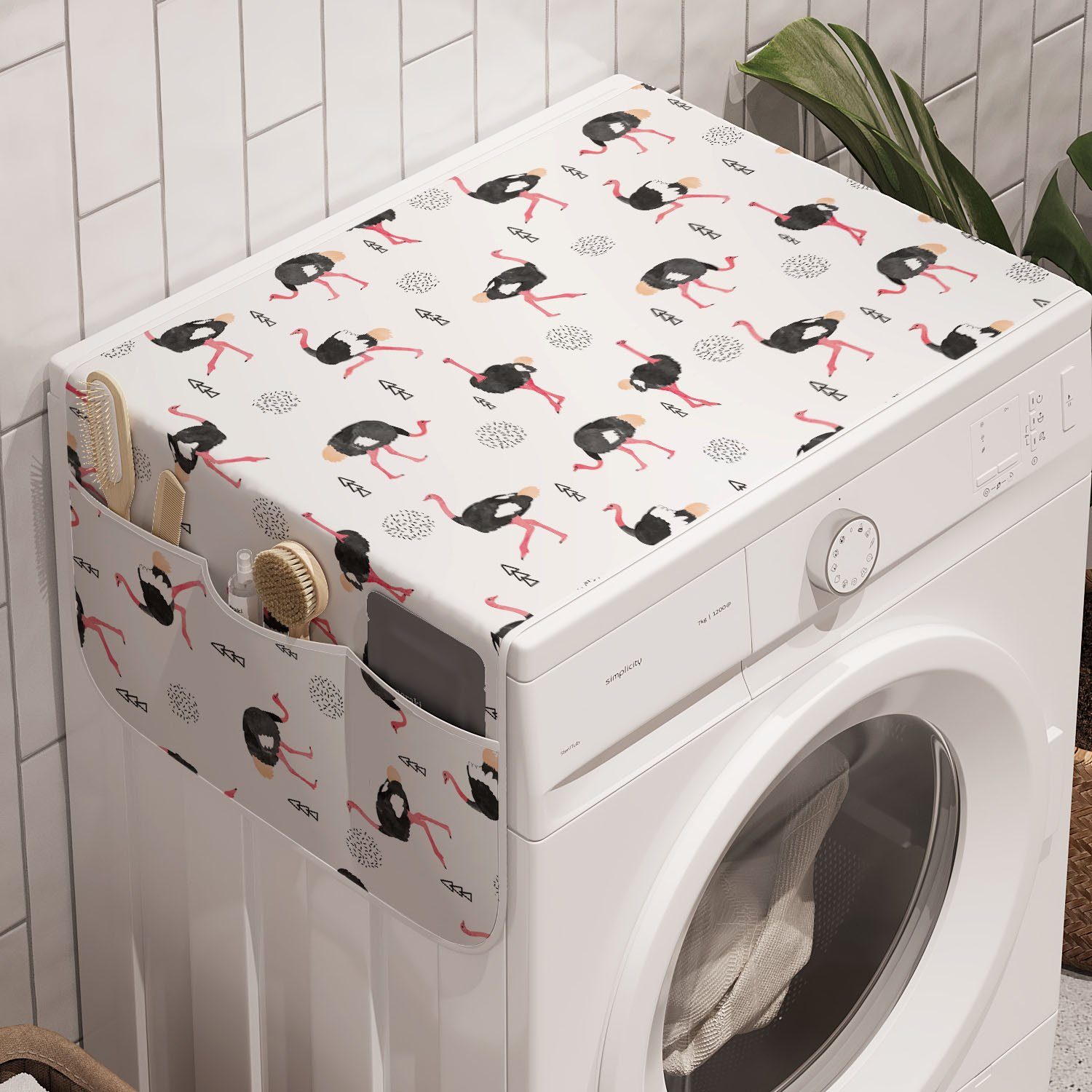 Abakuhaus Badorganizer Anti-Rutsch-Stoffabdeckung für Waschmaschine und Trockner, Tier Aquarell-Stil Strauße