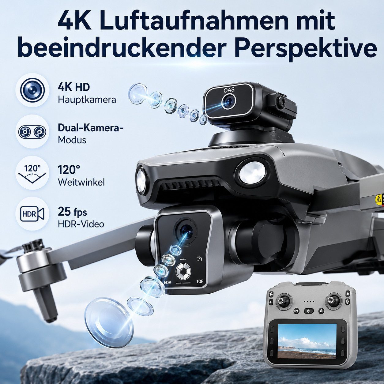 Goldstern-Tech RC-Quadrocopter (GPS Drohne mit 4K, Live Display Fernbedienung, 600m Reichweite), 360°-Kollisionsschutz, auto Motivverfolgung und Rückkehrfunktion