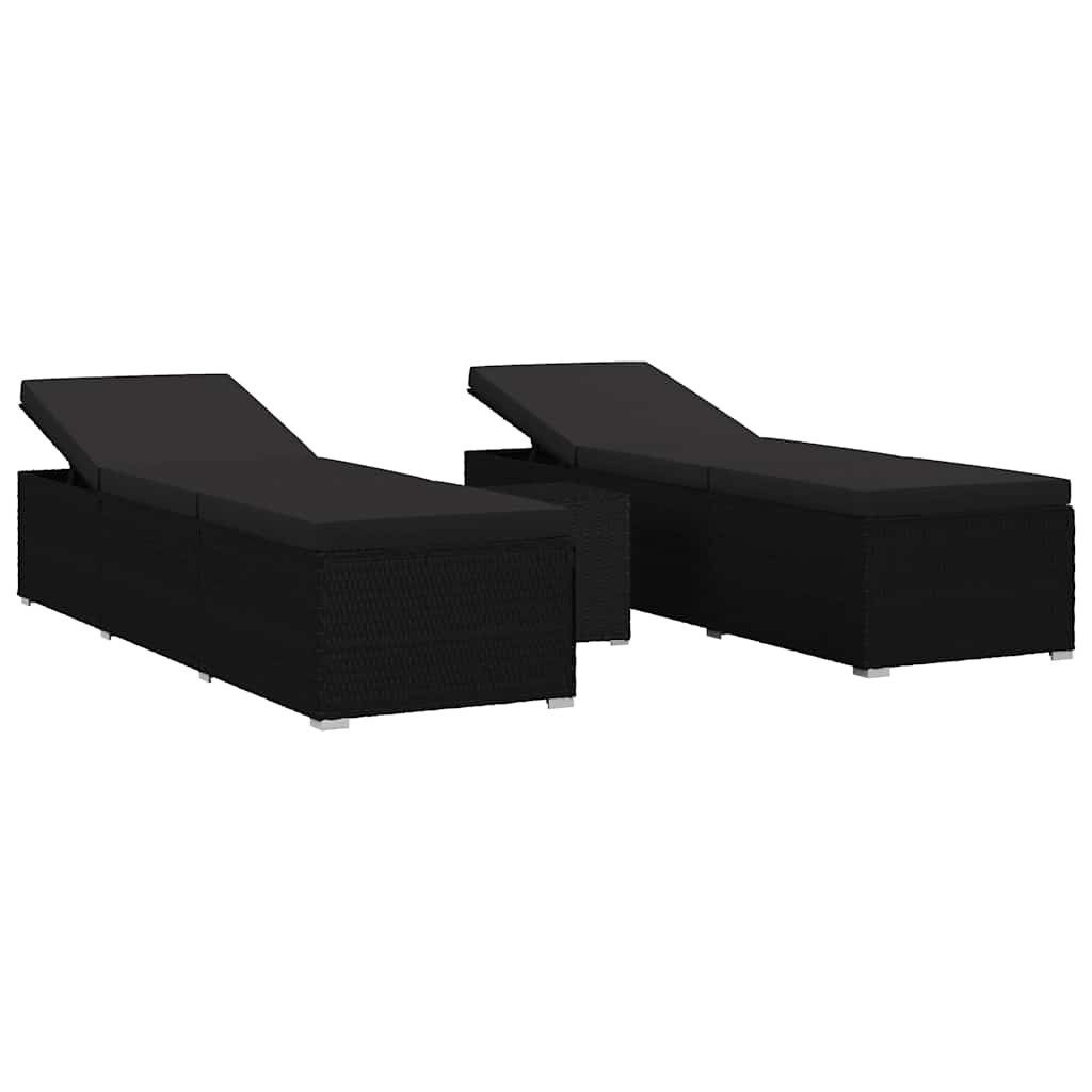 vidaXL Gartenliege Garten Sonnenliegen mit Kissen 3 pcs Schwarz Poly Rattan, 3 St.