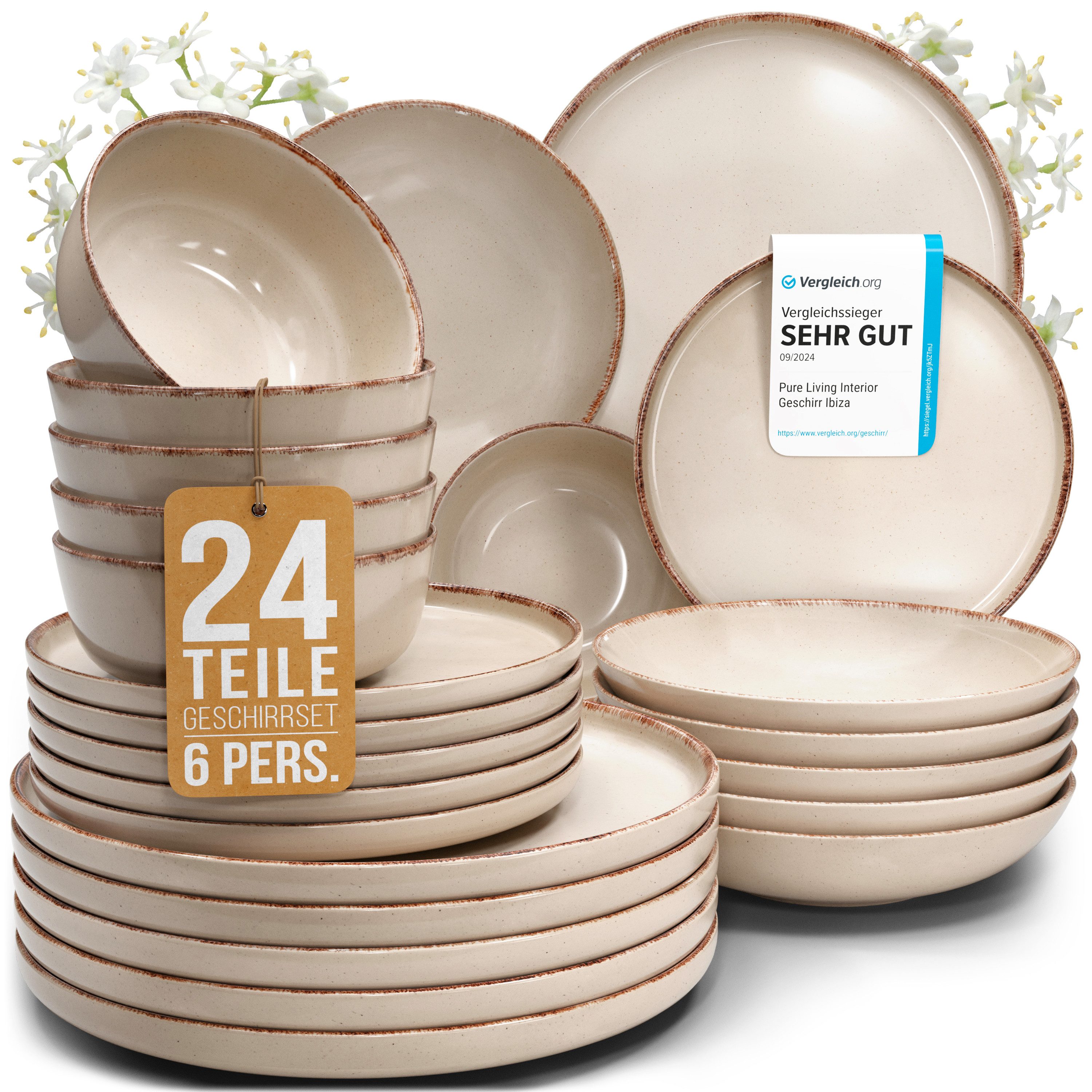 PURE LIVING INTERIOR DESIGN Geschirr-Set Rustic aus Steingut, 24-tlg., für 6 Personen, Beige (24-tlg), 6 Personen, Steingut