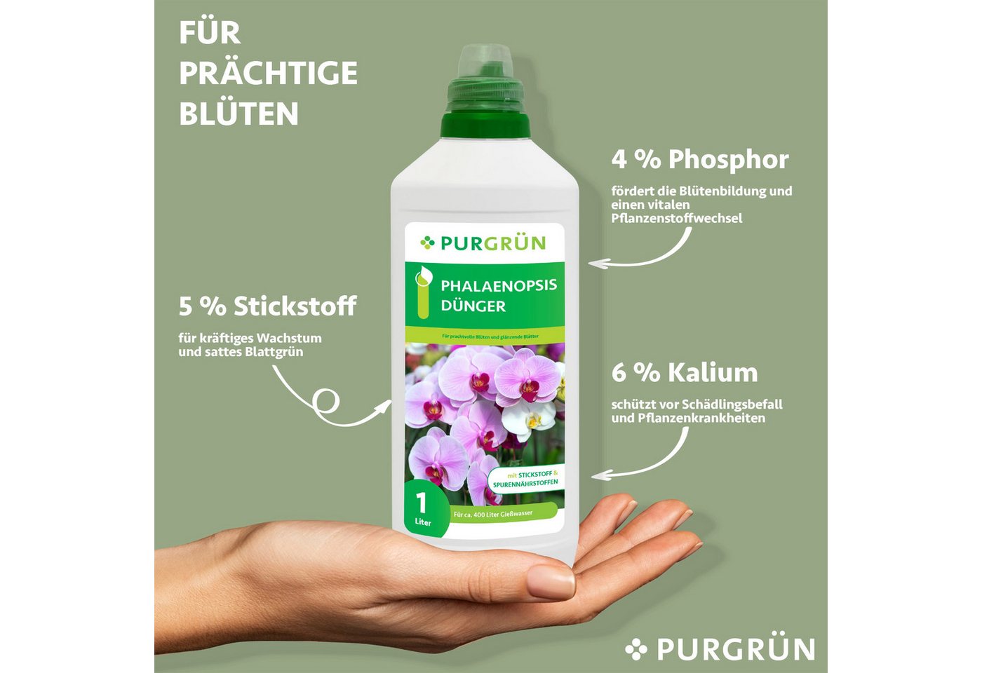 Thumbnail - Purgrün Blumendünger Purgrün Phalaenopsis Dünger, NPK 3+5+7, für Blüten, 1L, Flüssigdünger, Fördert eine intensive Blüte...