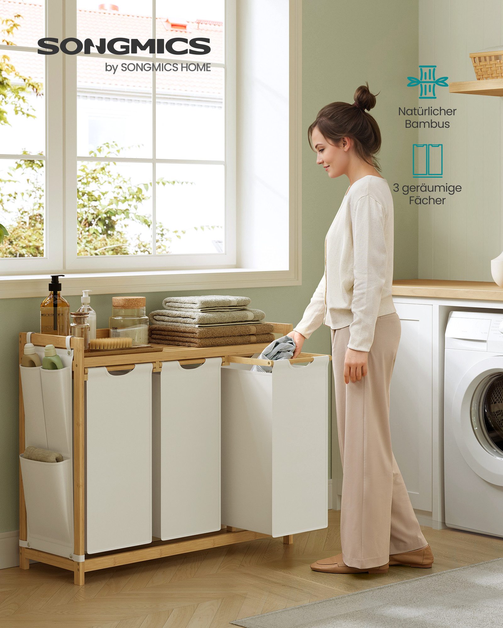 SONGMICS Wäschekorb, 2/3/4 Fächer, Bambus, Wäschesammler 100/150/200 L, Wäschesortierer