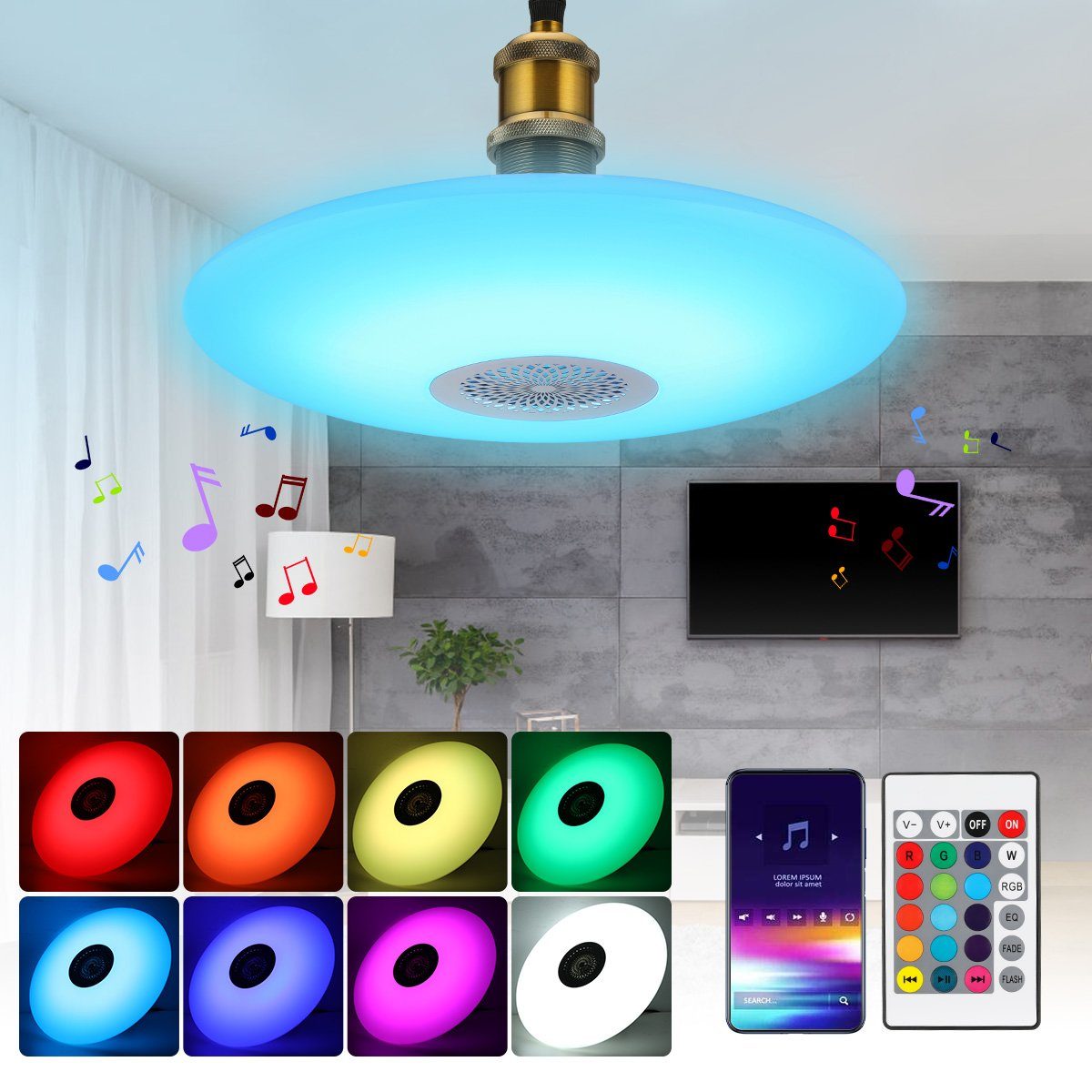 LETGOSPT Deckenleuchte 48W LED Deckenlampe ühbirne mit Fernbedienung, E27 Halter, LED fest integriert, Tageslichtweiß, RGB, Farbwechsel Bluetooth Lautsprecher, Dimmbar, für Home Party Dekoration