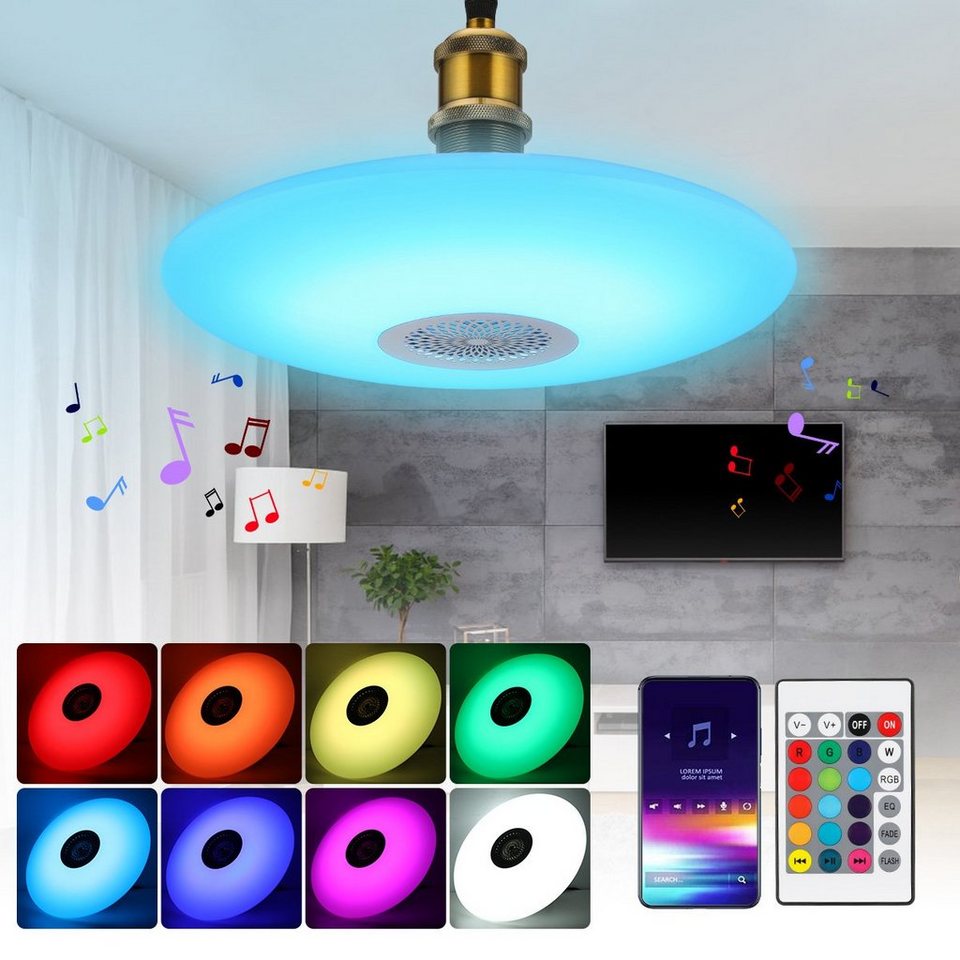 LETGOSPT Deckenleuchte 48W LED Deckenlampe ühbirne mit Fernbedienung, E27  Halter, LED fest integriert, Tageslichtweiß, RGB, Farbwechsel Bluetooth  Lautsprecher, Dimmbar, für Home Party Dekoration
