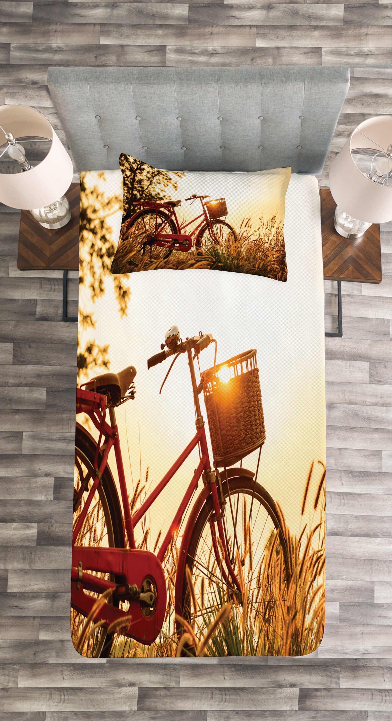 Set Kissenbezügen Sepia-Tönen Fahrrad Waschbar, der Tagesdecke Rural mit Retro in Abakuhaus,