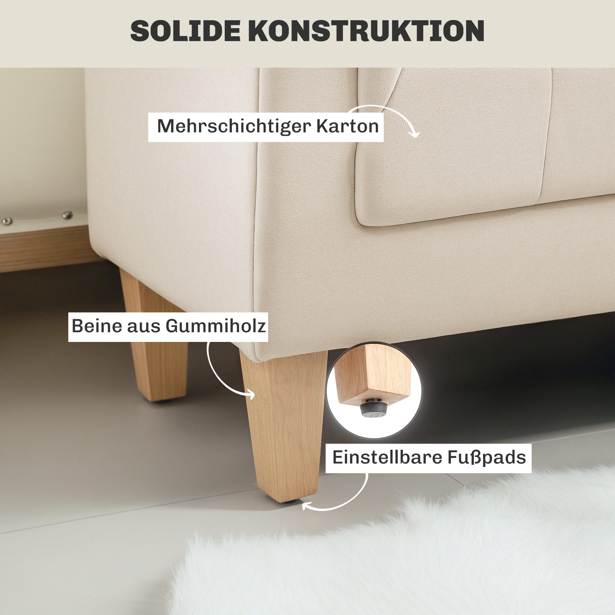 HOMCOM Polsterbank Sitzbank mit Chenille-Bezug, Armlehne, Bettbank (Bettbank, 1-St., Schuhbank), für Schlafzimmer, Wohnzimmer, Flur 115 x 44 x 58 cm Beige – Bild 5 von 5