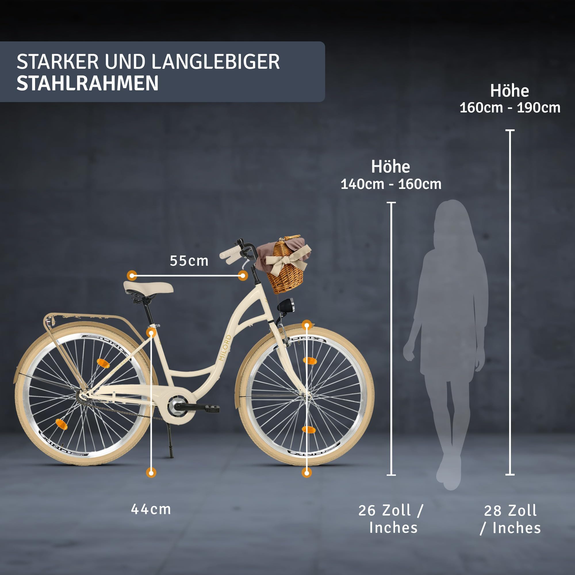 Milord Cityrad Milord City Fahrrad Korb Damenfahrrad, 28/26 Zoll, Creme-Braun, 1-Gang, 1 Gang, (Fahrradständer, Gepäckträger, Klingel, Korb, Kotflügel)