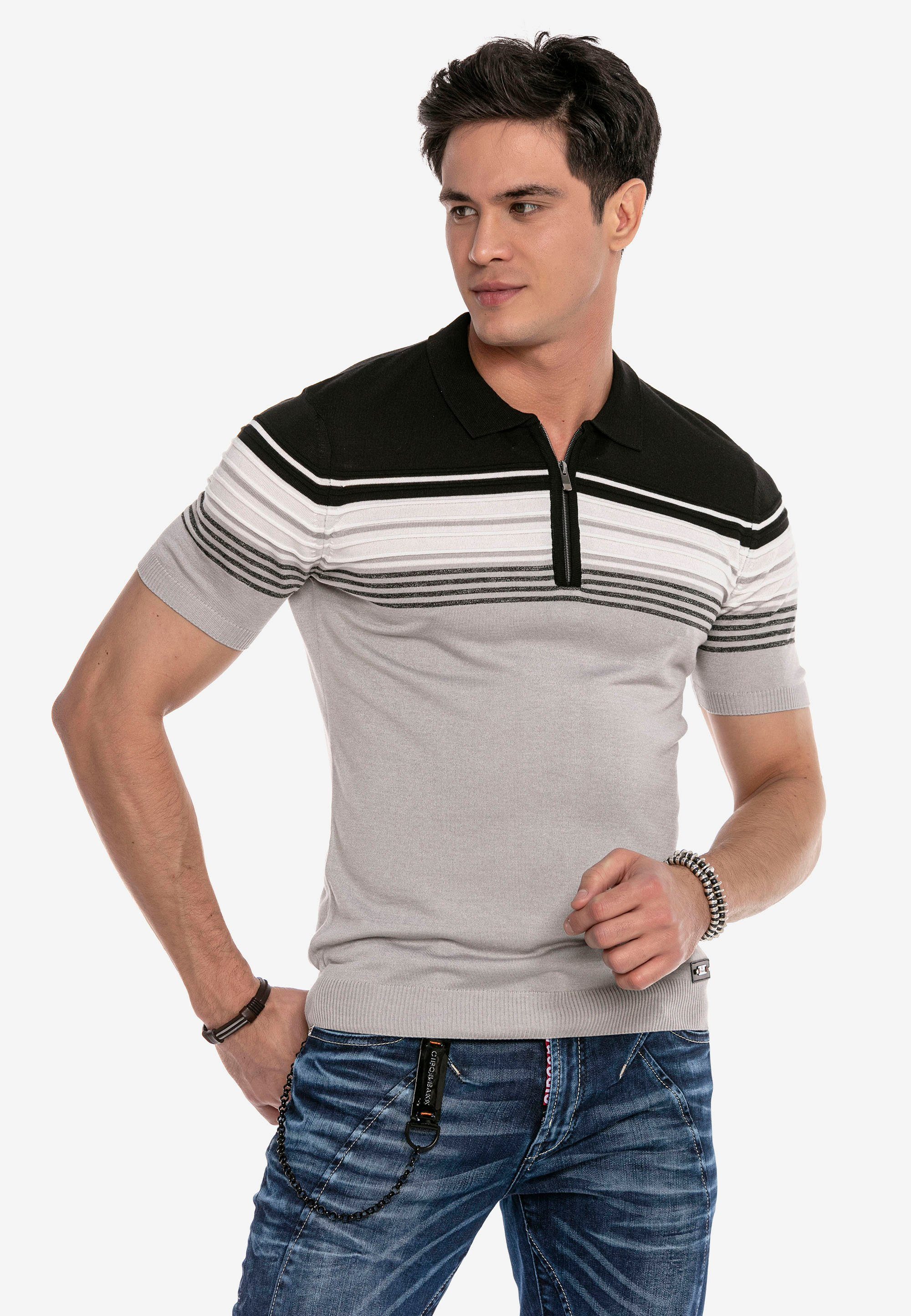Cipo & Baxx Poloshirt mit mehrfarbigem Streifen-Design grau-schwarz