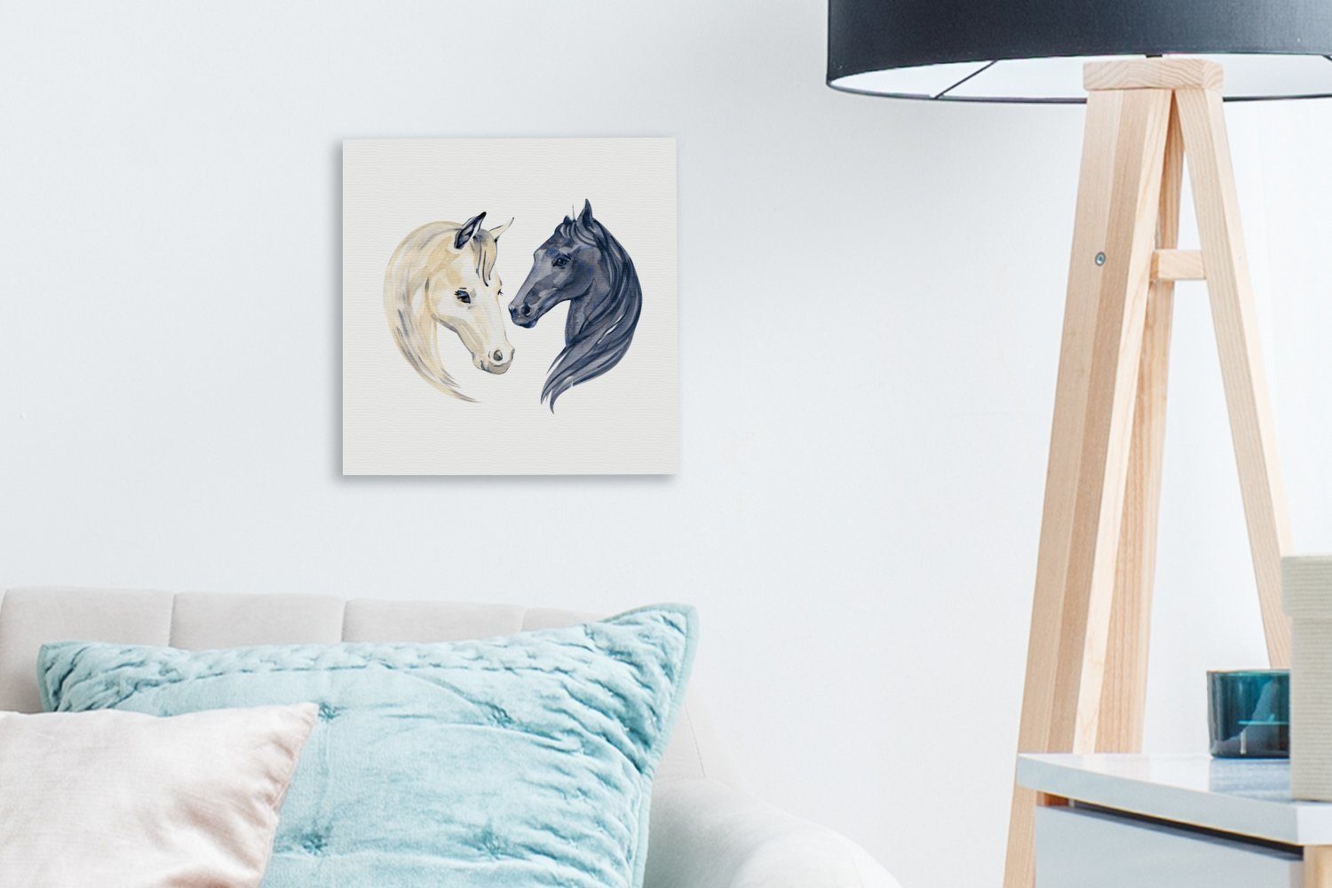 Leinwandbild Bilder für Schwarz (1 OneMillionCanvasses® - Mädchen - Kinder Pferde St), Leinwand Wohnzimmer - Aquarell - Mädchen, - Schlafzimmer