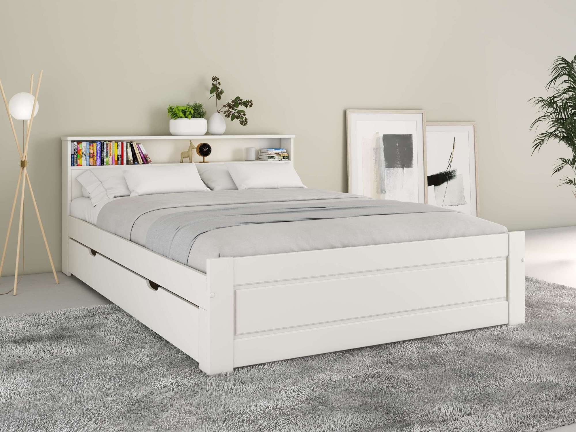 OTTO home Massivholzbett FLAVION, Jugendbett, Stauraum, FSC® zertifizierte Kiefer (Breite: 90, 140, 180), Qualitätsprodukt, Regal, Kassettenoptik, Schublade optional