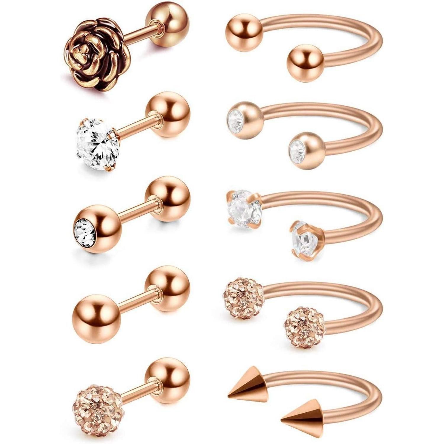 LuxusKollektion Piercing-Set Ohrring 10er Tragus Helix Stecker 1,2mm Edelstahl Rosegold