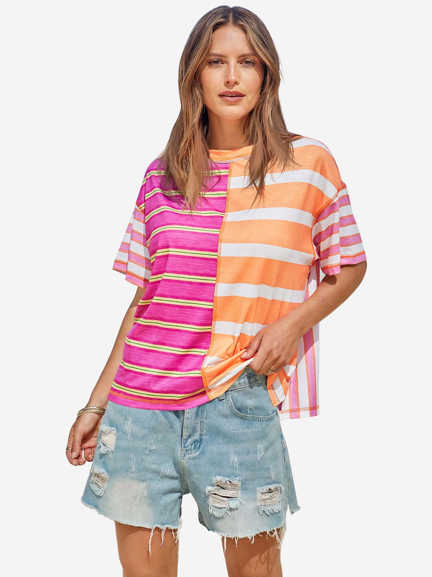 Imily Bela T-Shirt Damen gestreiftes Mehrfarb-Shirt (Packung, 1-tlg., 1per-Pack) Seitenschlitze