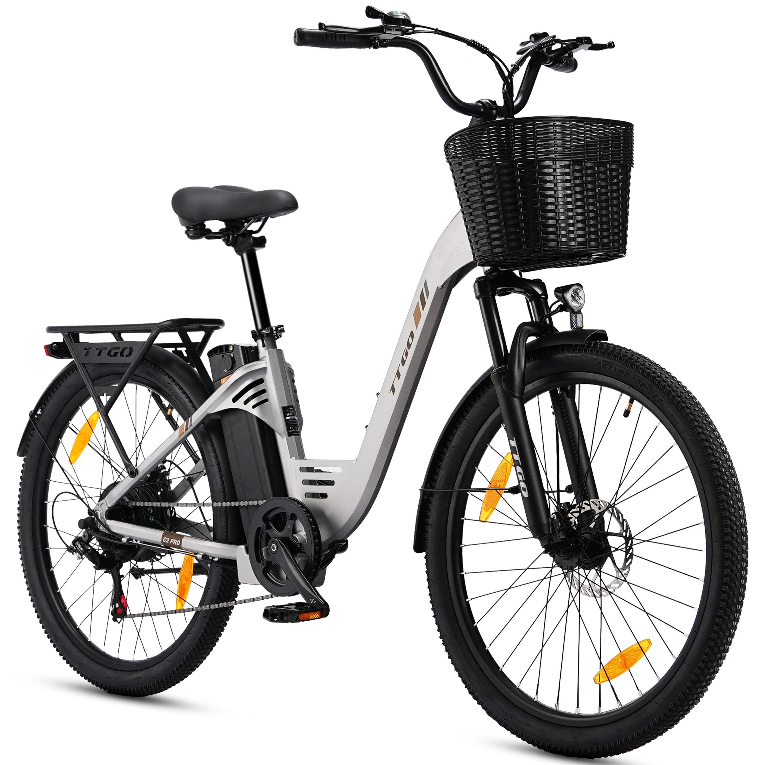TTGO E-Bike Cityrad 26/28 Zoll, 80-120km, C2/C3, Elektrofahrrad für Damen und Herren, 7 Gang SHIMANO, Kettenschaltung, Heckmotor, 648 Wh, (5 Stufen, Pedelec, bis zu 125kg, für ca. 160–185cm), Farbdisplay, Frontkorb, Gepäckträger, Elektrofahrrad für Damen