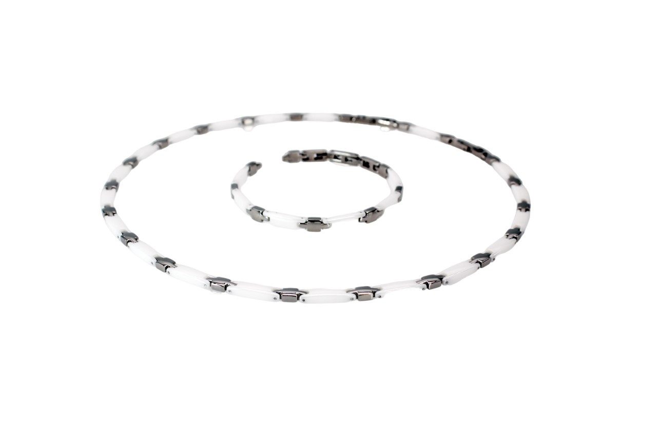 ELLAWIL Collier-Set Collier und Armband aus Keramik und Edelstahl Weiß, Silber (Kettenlänge 51 cm, Armbandlänge 20cm, Breite 6 mm), inklusive Geschenkschachtel