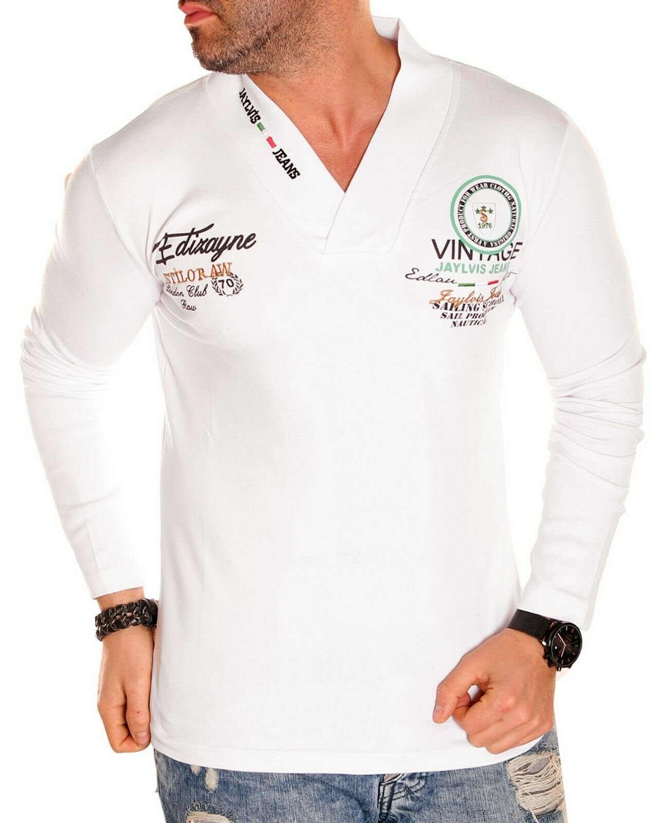 V-Ausschnitt, Weiß Stickerei Langarmshirt und mit Langarmshirt Logofarbdruck Jaylvis