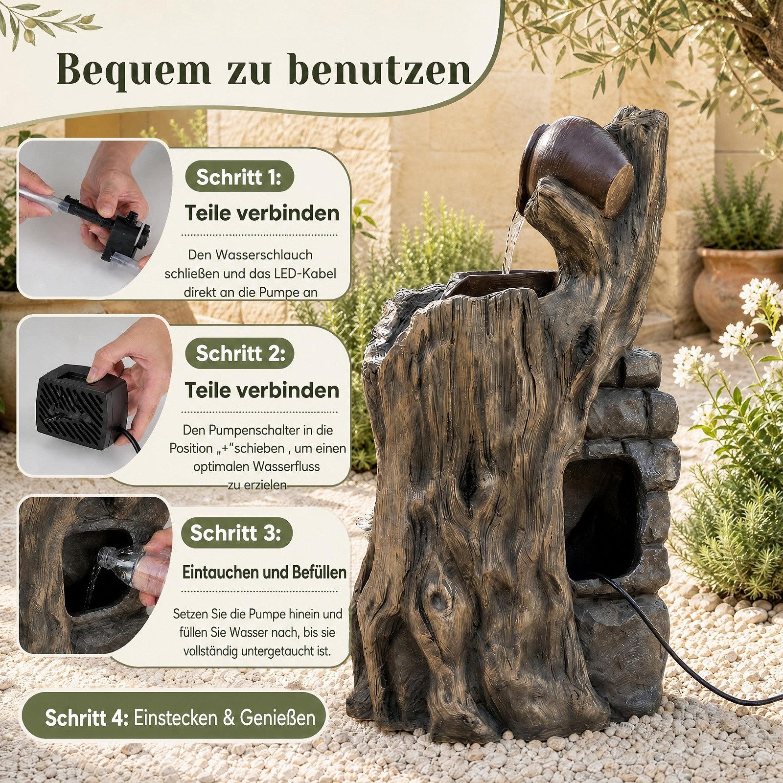 KOMFOTTEU Zimmerbrunnen 4-stufiger Springbrunnen mit LED-Licht & Pumpe, dekorativer Zierbrunnen, 30 x 27 x 57 cm – Bild 4 von 5
