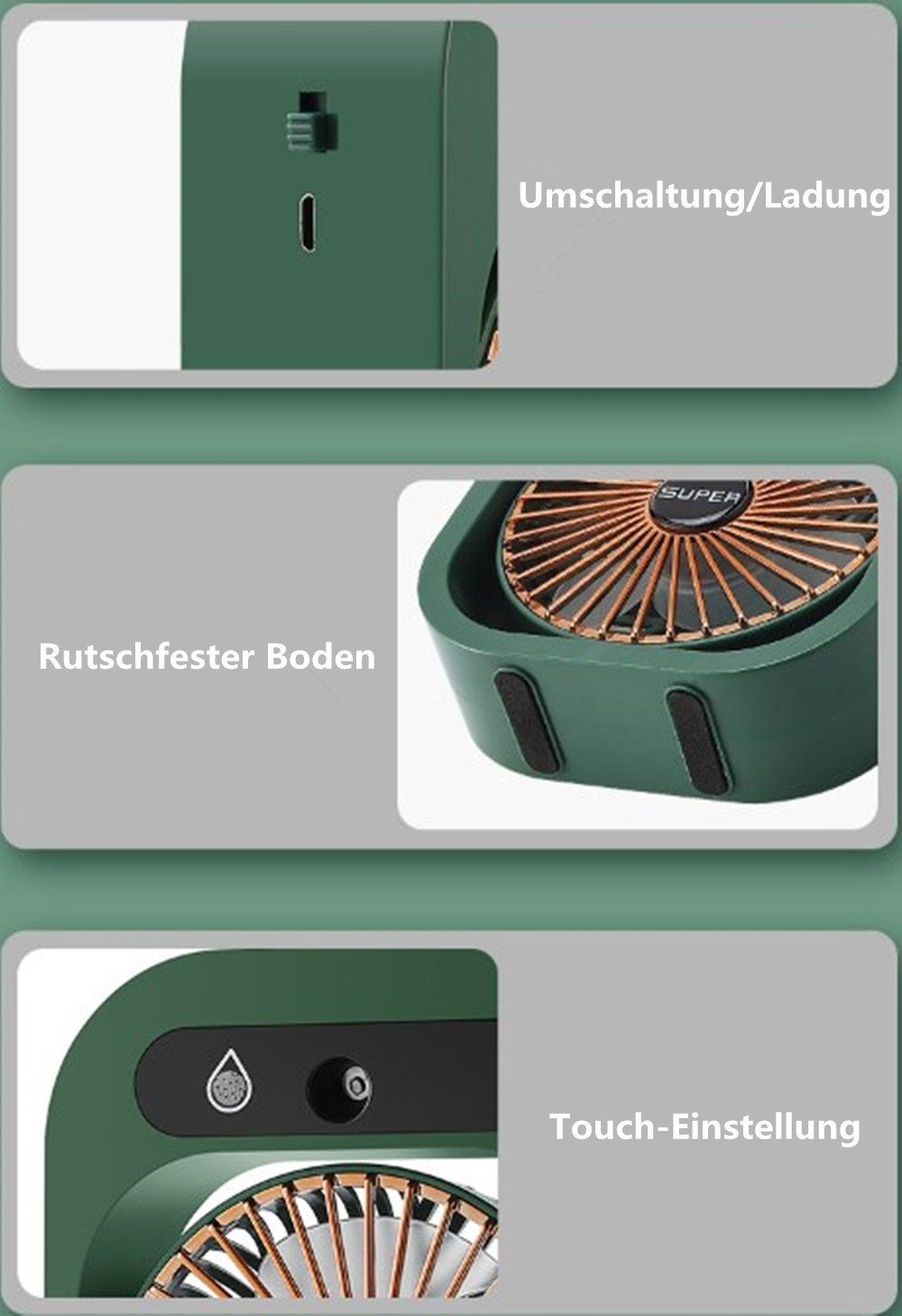 Handventilator green Lüfter,für Tragbarer XDeer Wassernebel Geschwindigkeiten Mini Büro, Schlafzimmer,Outdoor-Camping Luftstrom, USB-Tischventilator,3