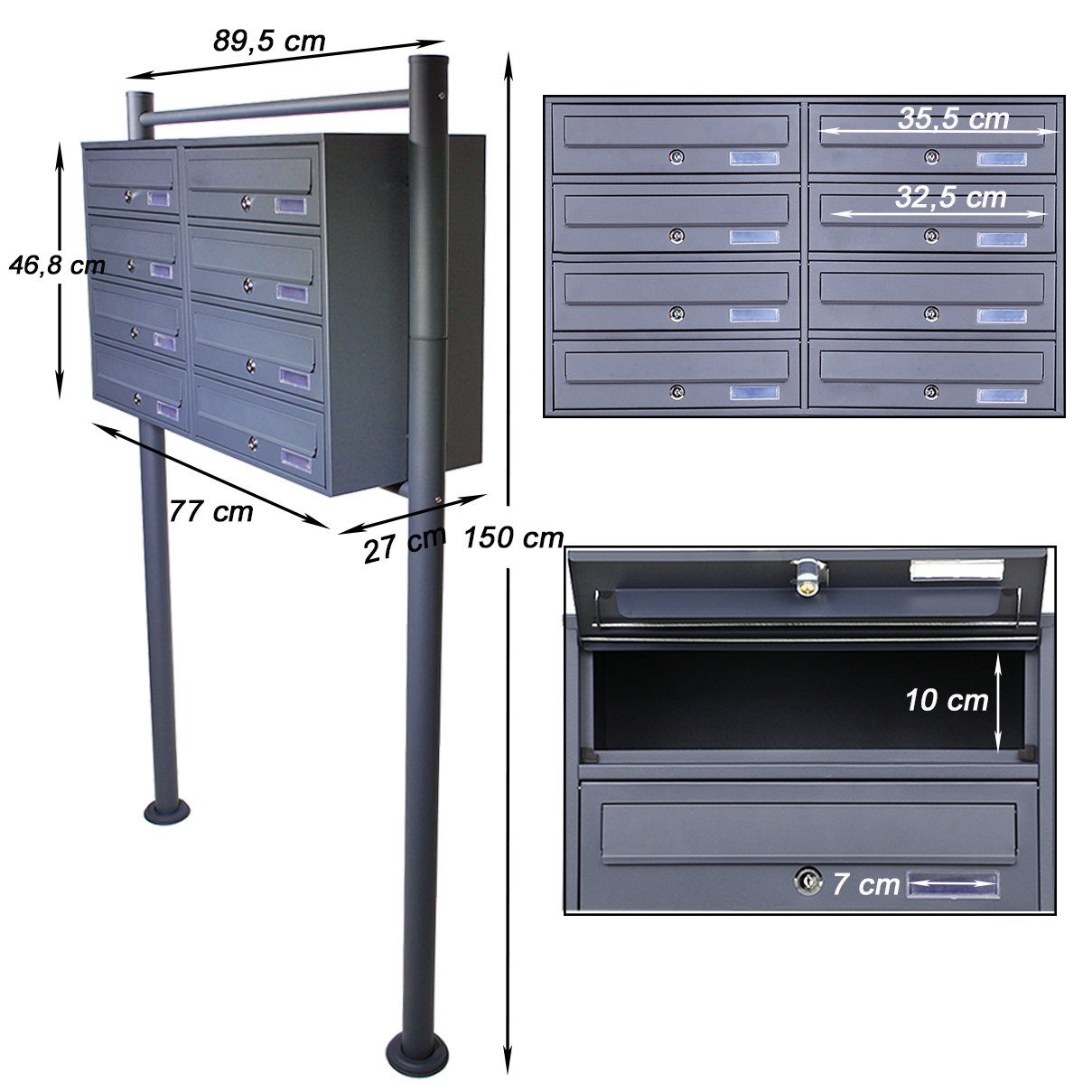 Silber Standbriefkasten HELO24 4 (1x4) Fächer Briefkastenanlage VH4