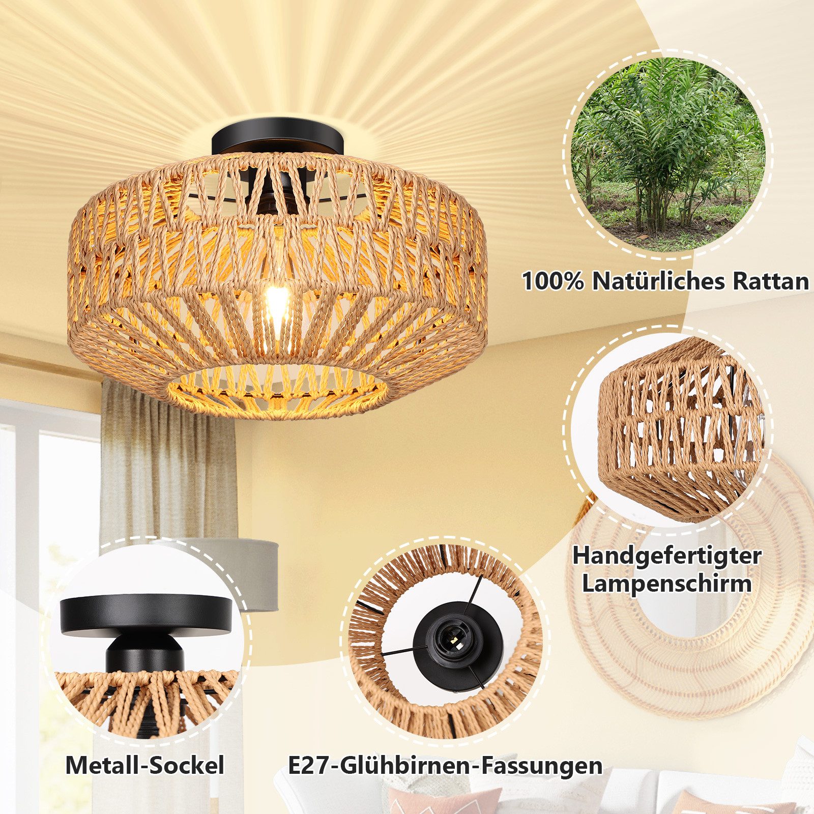 MUPOO Deckenleuchten Rattan Deckenlampe aus Rattan/Metall günstig online kaufen