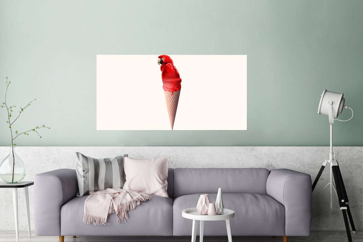 - Wandposter, Bild Wohnzimmer, St), Rot (1 Eistüten Rahmen, Eiscreme Ohne Papagei Schlafzimmer, Wanddeko Poster - MuchoWow Weiß, - für -